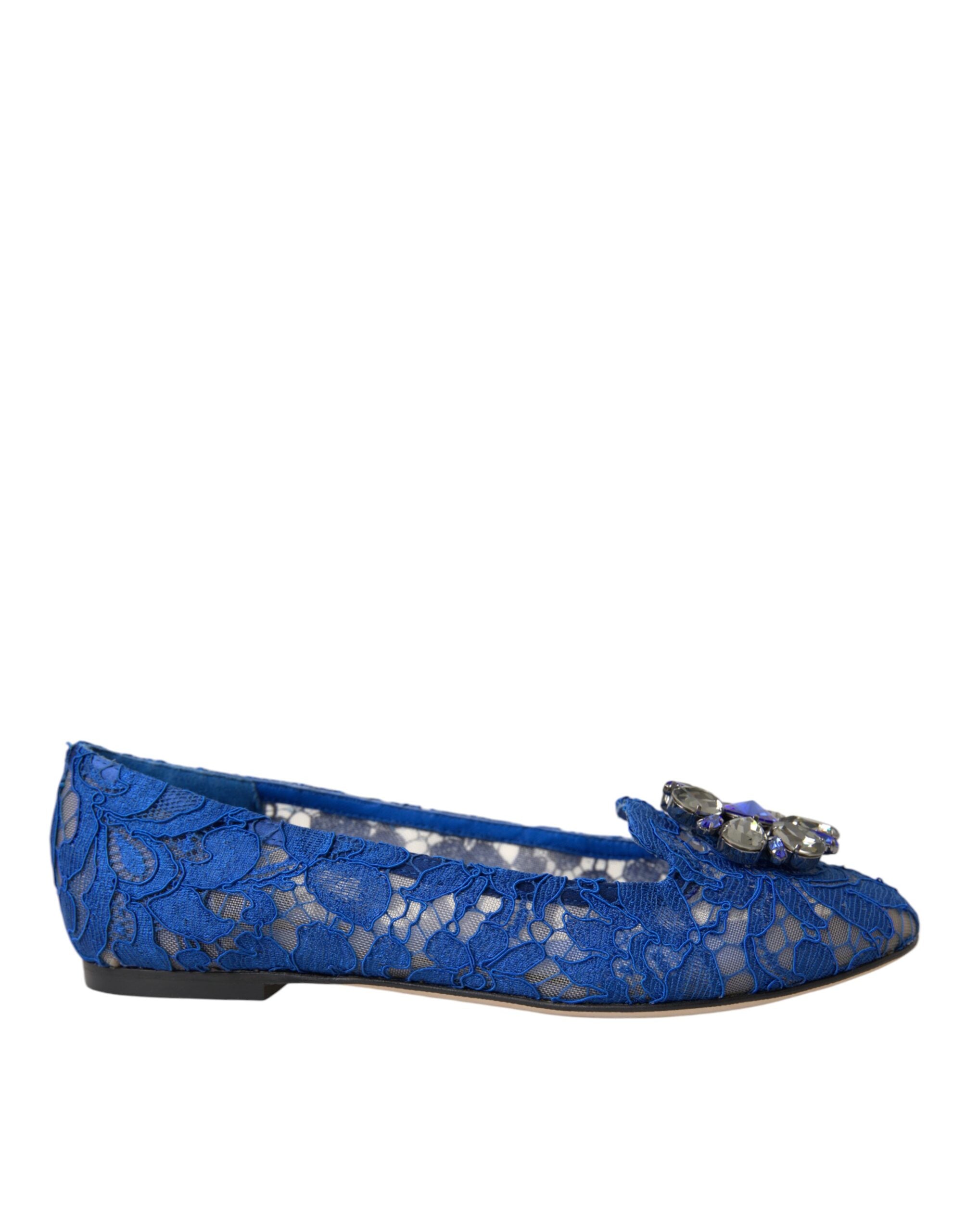 Dolce & Gabbana Blue Lace Crystal Ballet Flats Loafers Women's Shoes