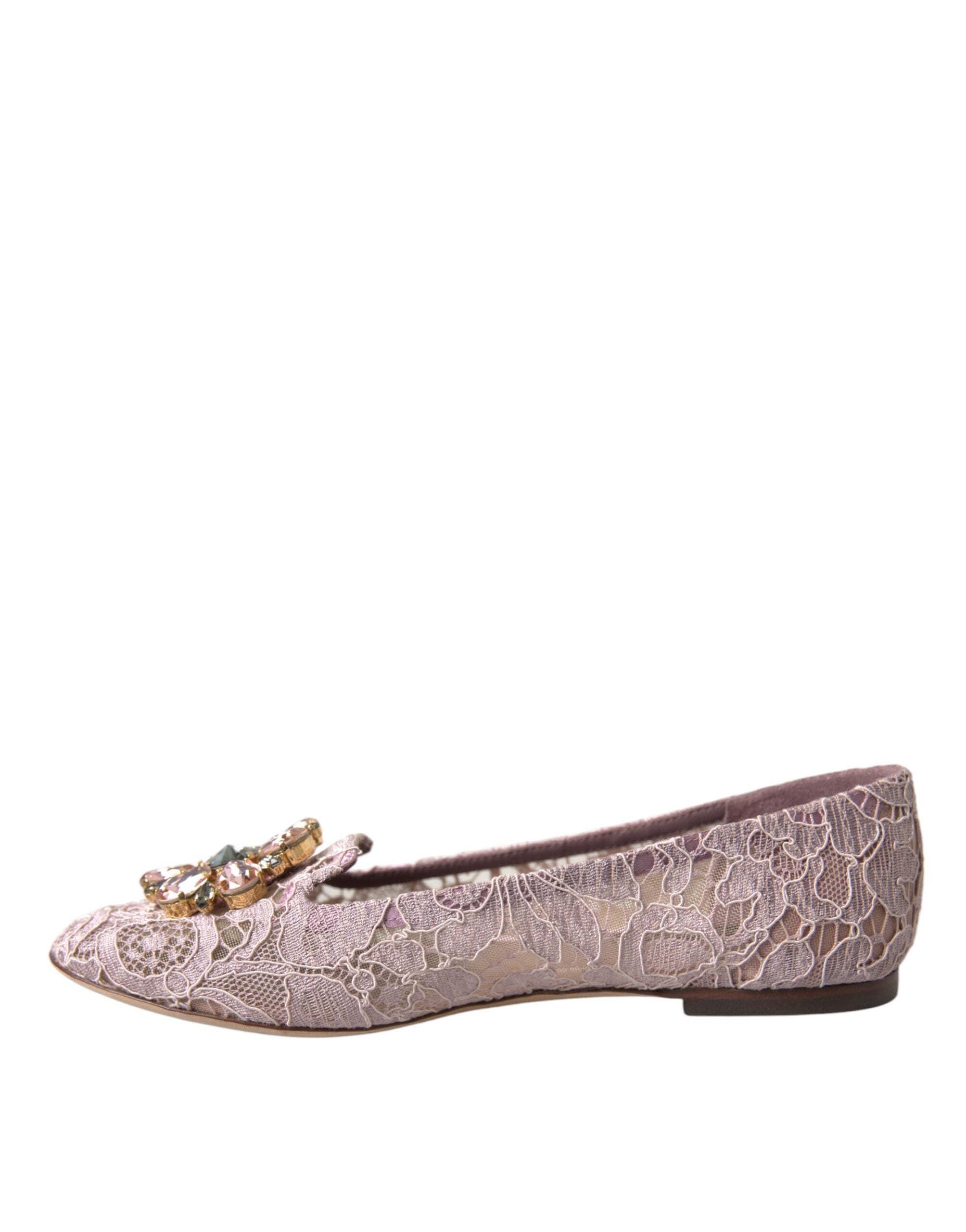 Dolce & Gabbana Pink Lace Crystal Ballet Flats Loafers Women's Shoes