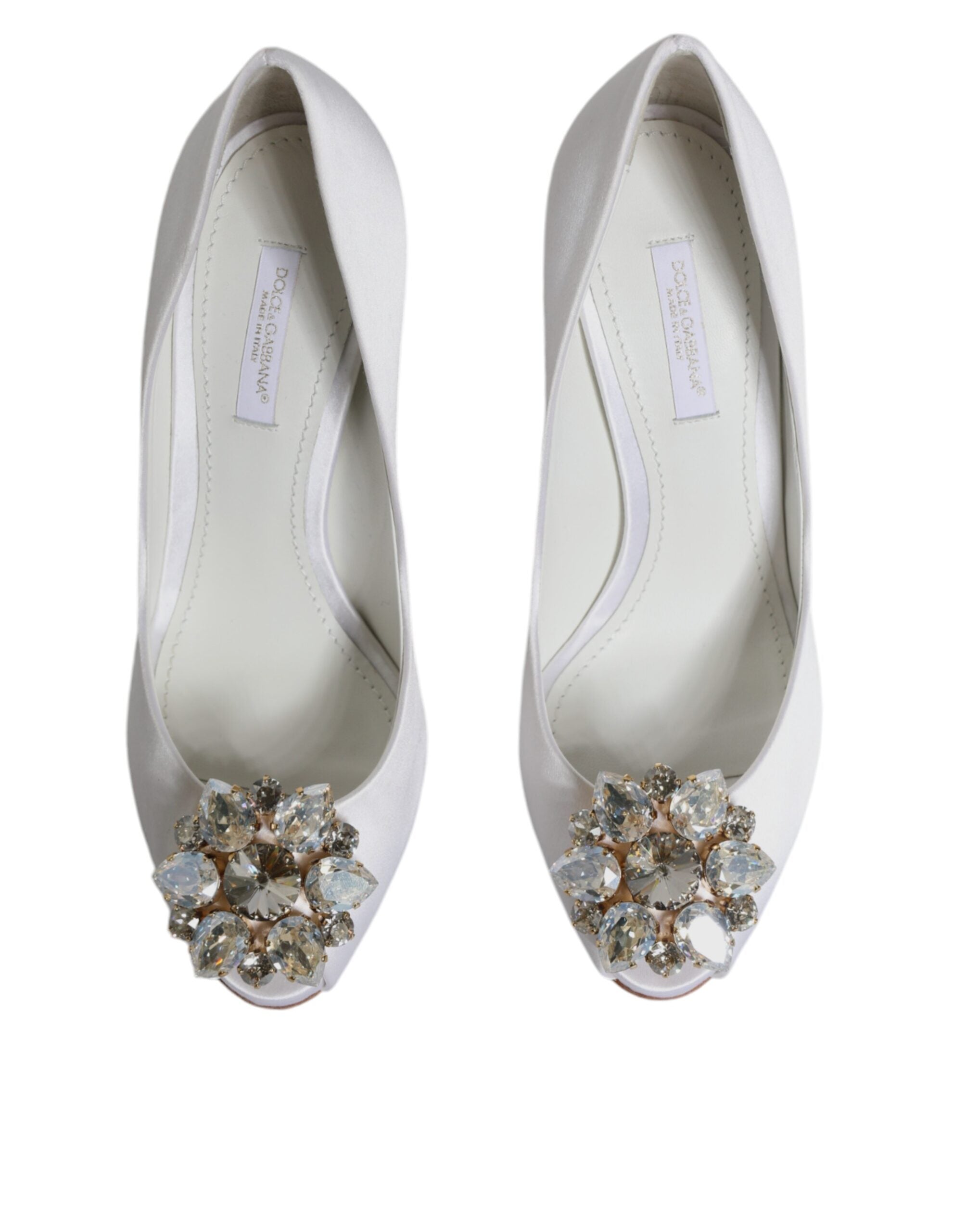 Dolce & Gabbana White Crystals Peep Toe Satin Pumps Women's Shoes (Pre-Owned)