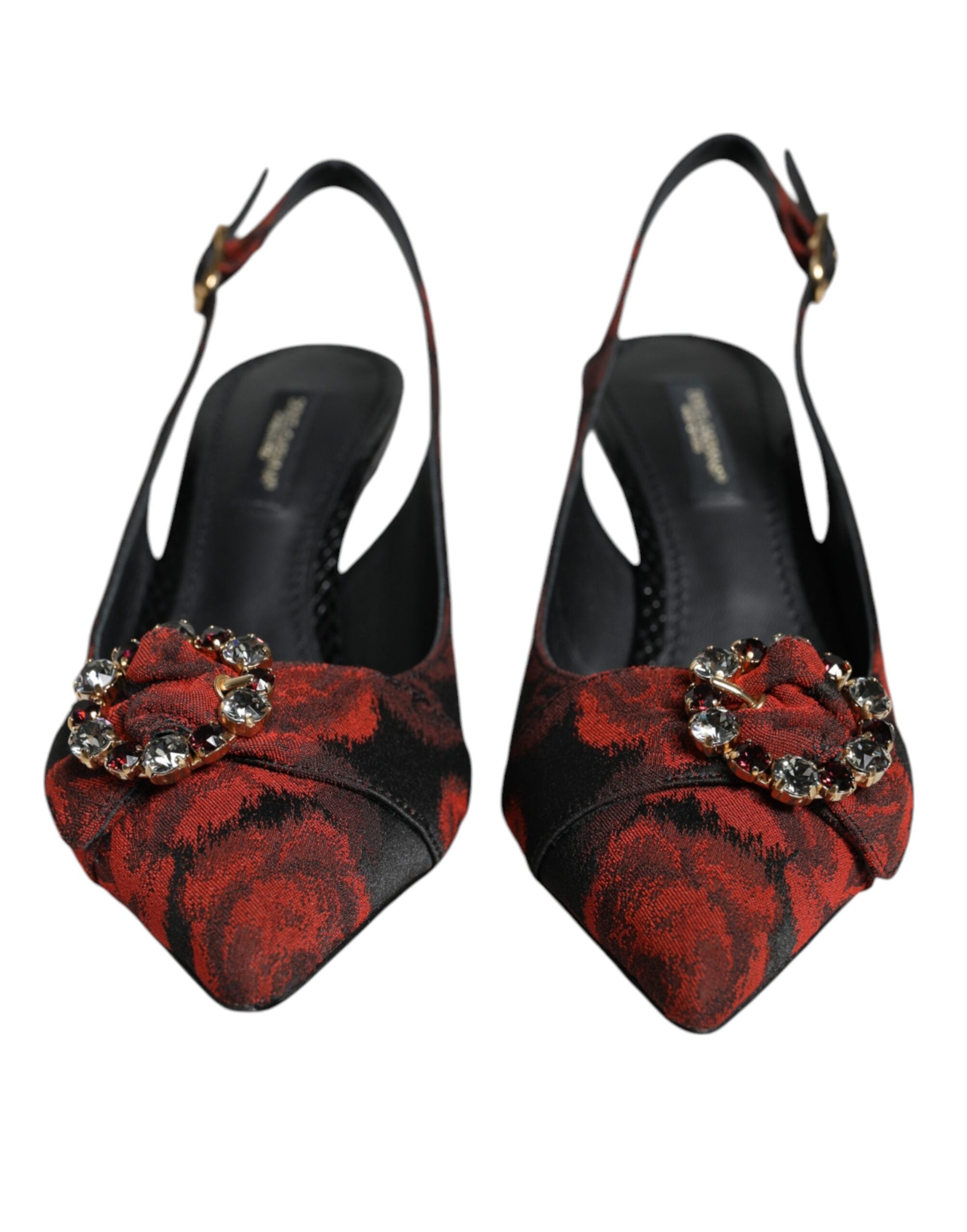 Dolce & Gabbana Black Red Floral Crystal Heel Slingback Women's Shoes