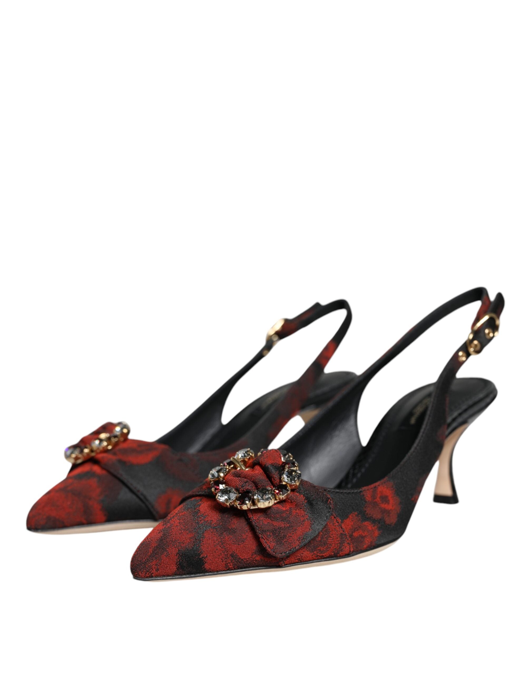 Dolce & Gabbana Black Red Floral Crystal Heel Slingback Women's Shoes