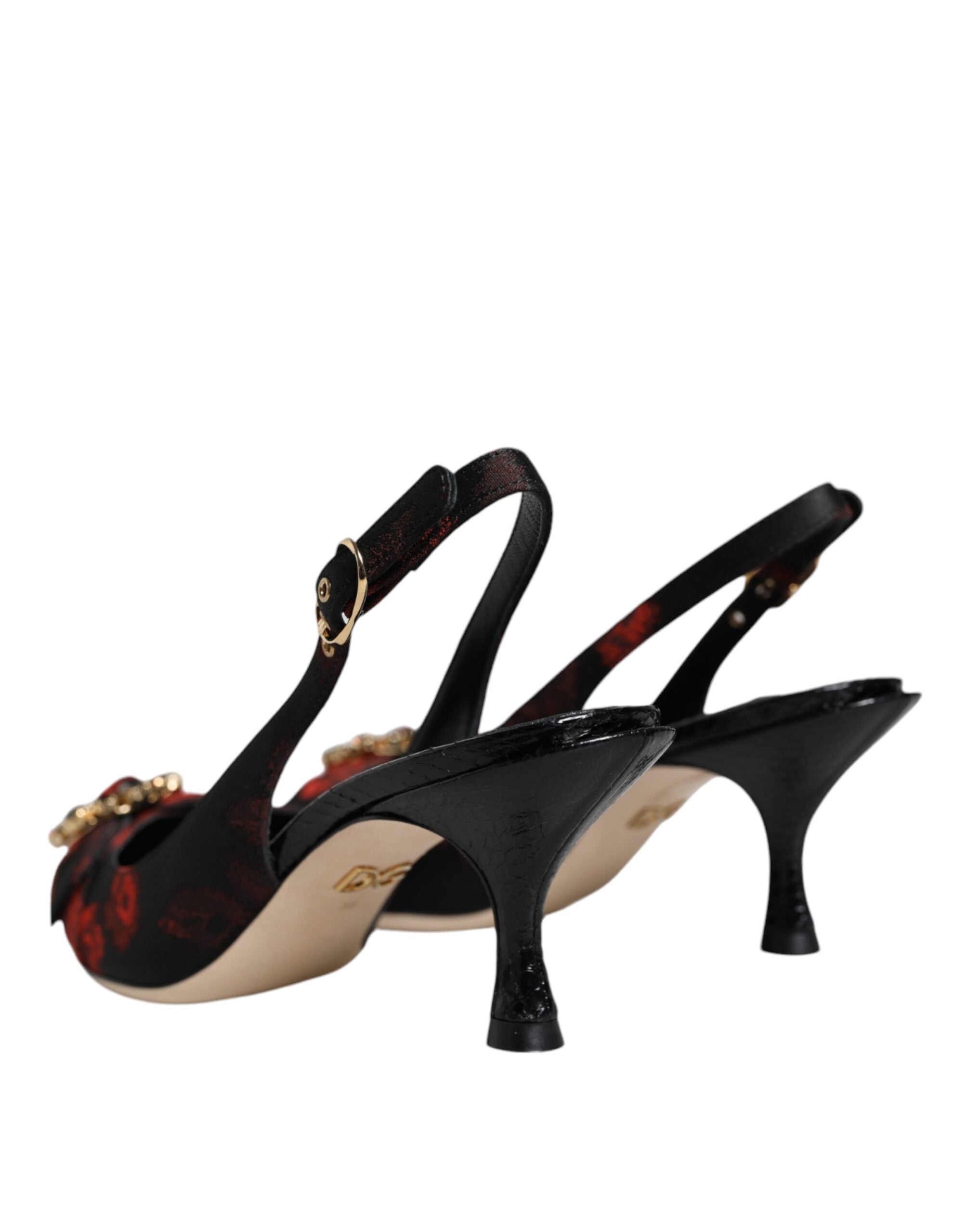 Dolce & Gabbana Black Red Floral Crystal Heel Slingback Women's Shoes