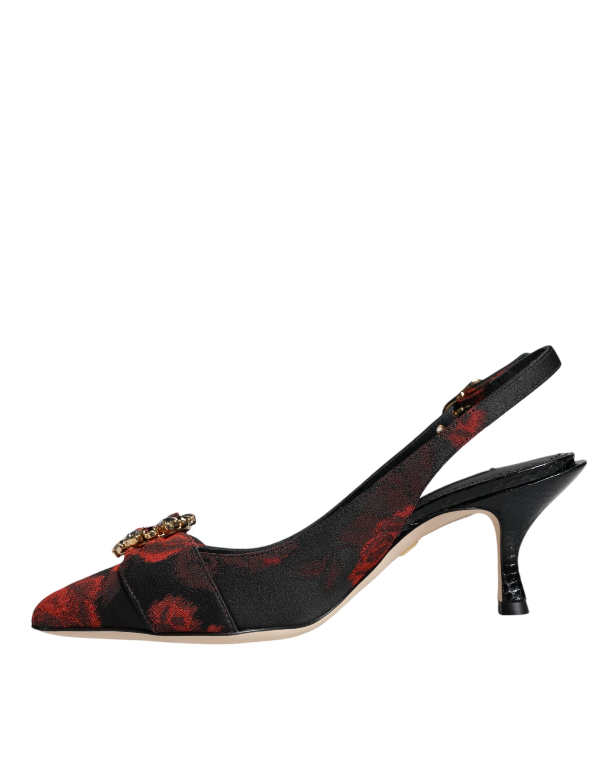 Dolce & Gabbana Black Red Floral Crystal Heel Slingback Women's Shoes