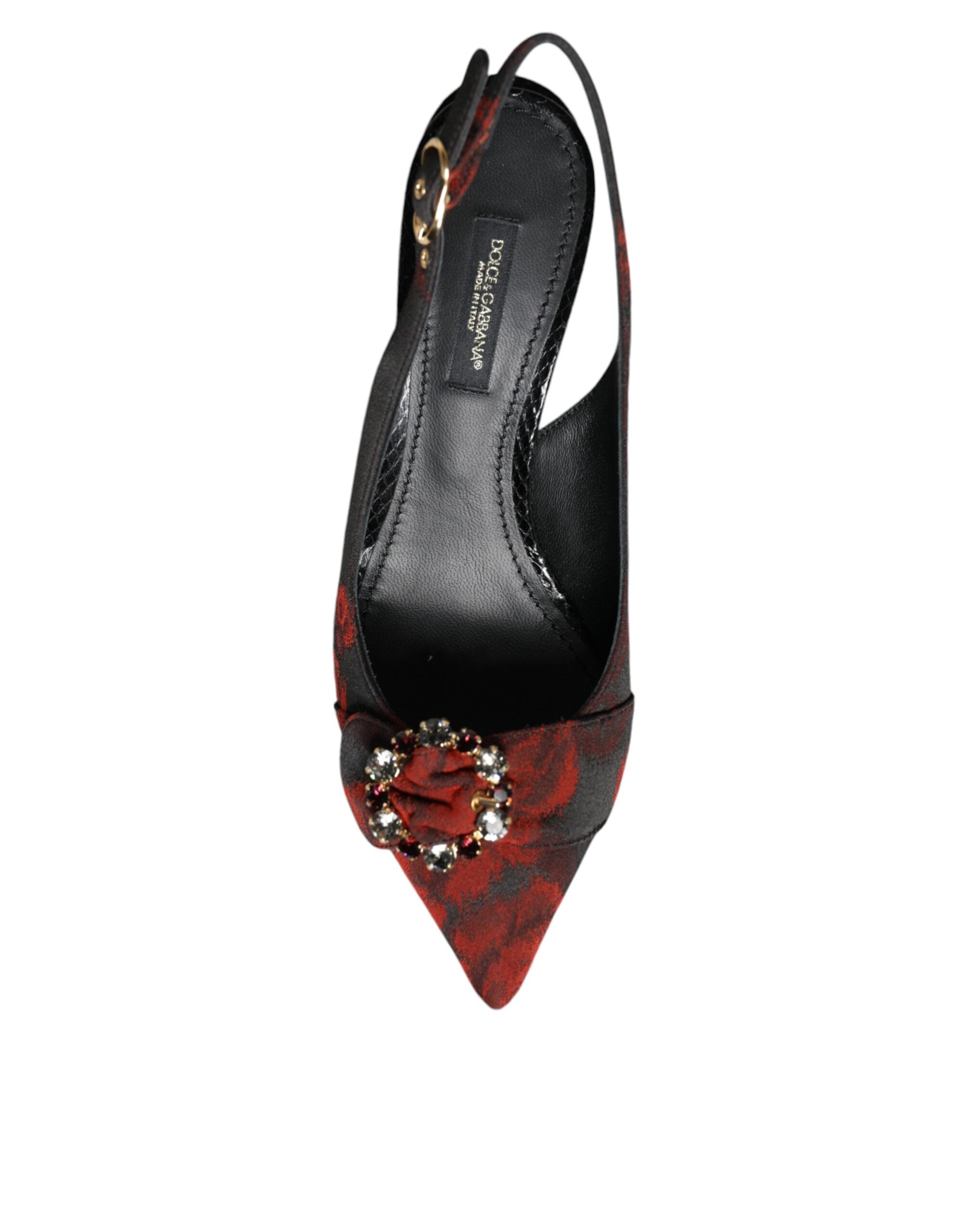 Dolce & Gabbana Black Red Floral Crystal Heel Slingback Women's Shoes