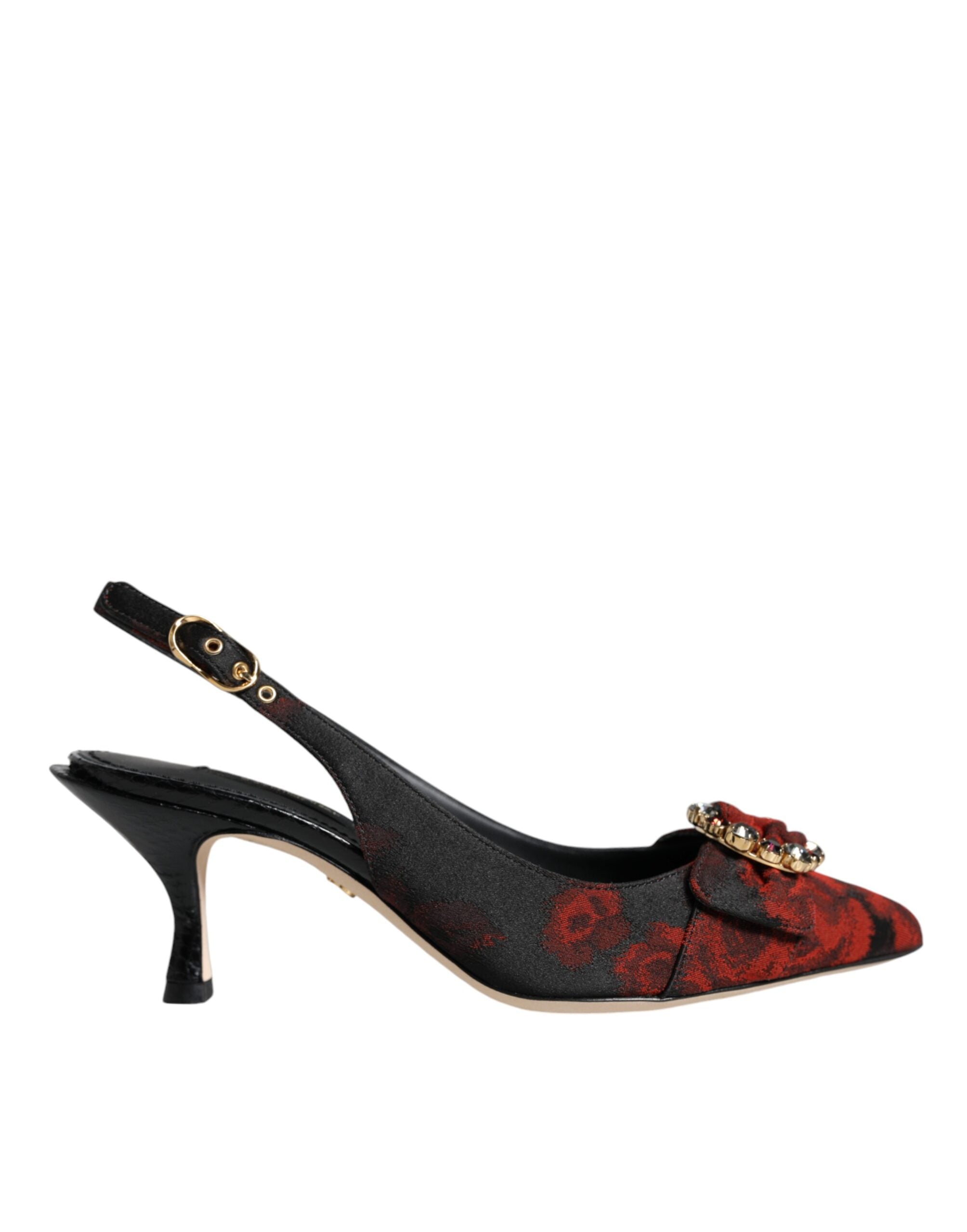 Dolce & Gabbana Black Red Floral Crystal Heel Slingback Women's Shoes