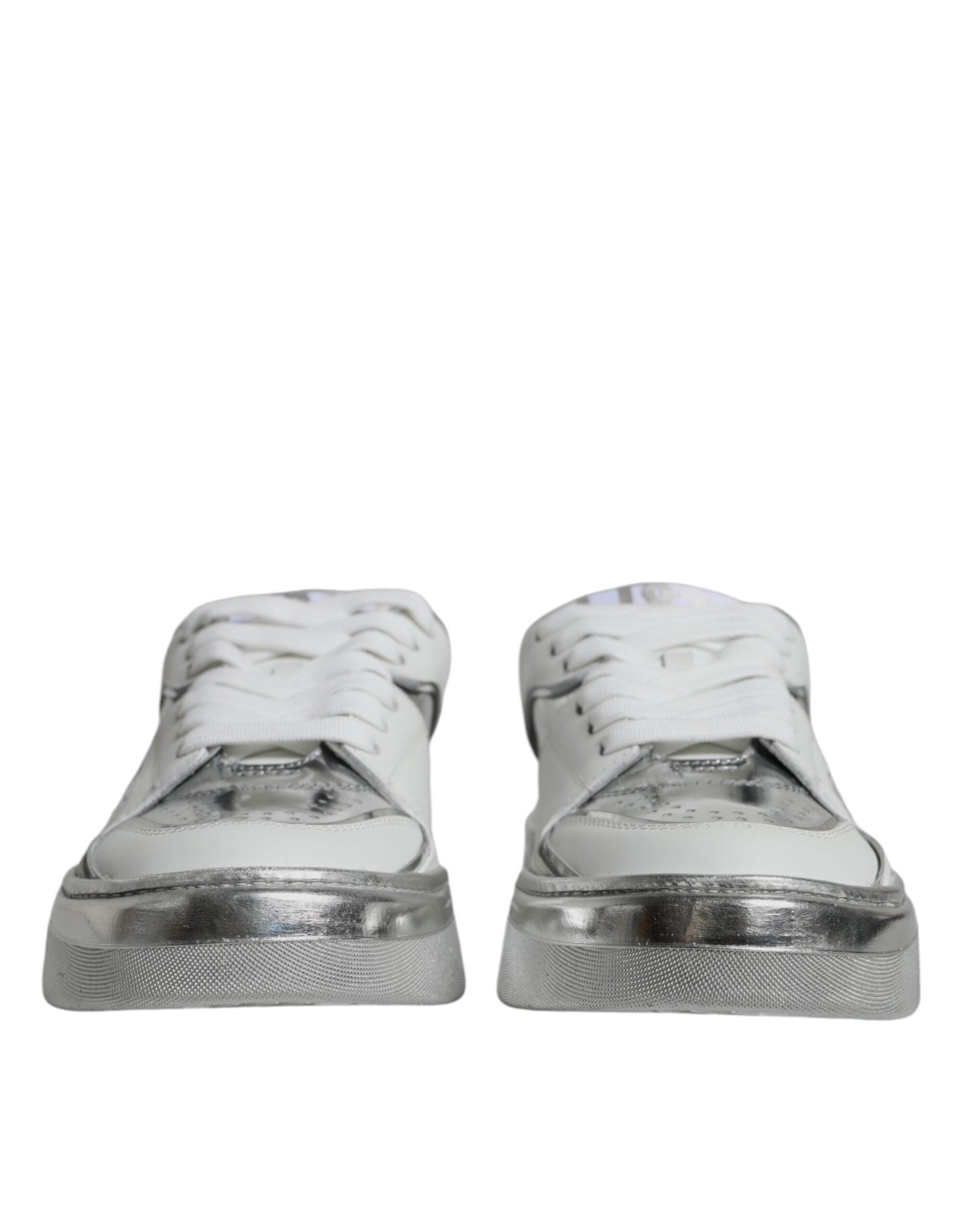 Dolce & Gabbana White Silver Leather Low Top Sneakers Women's Shoes