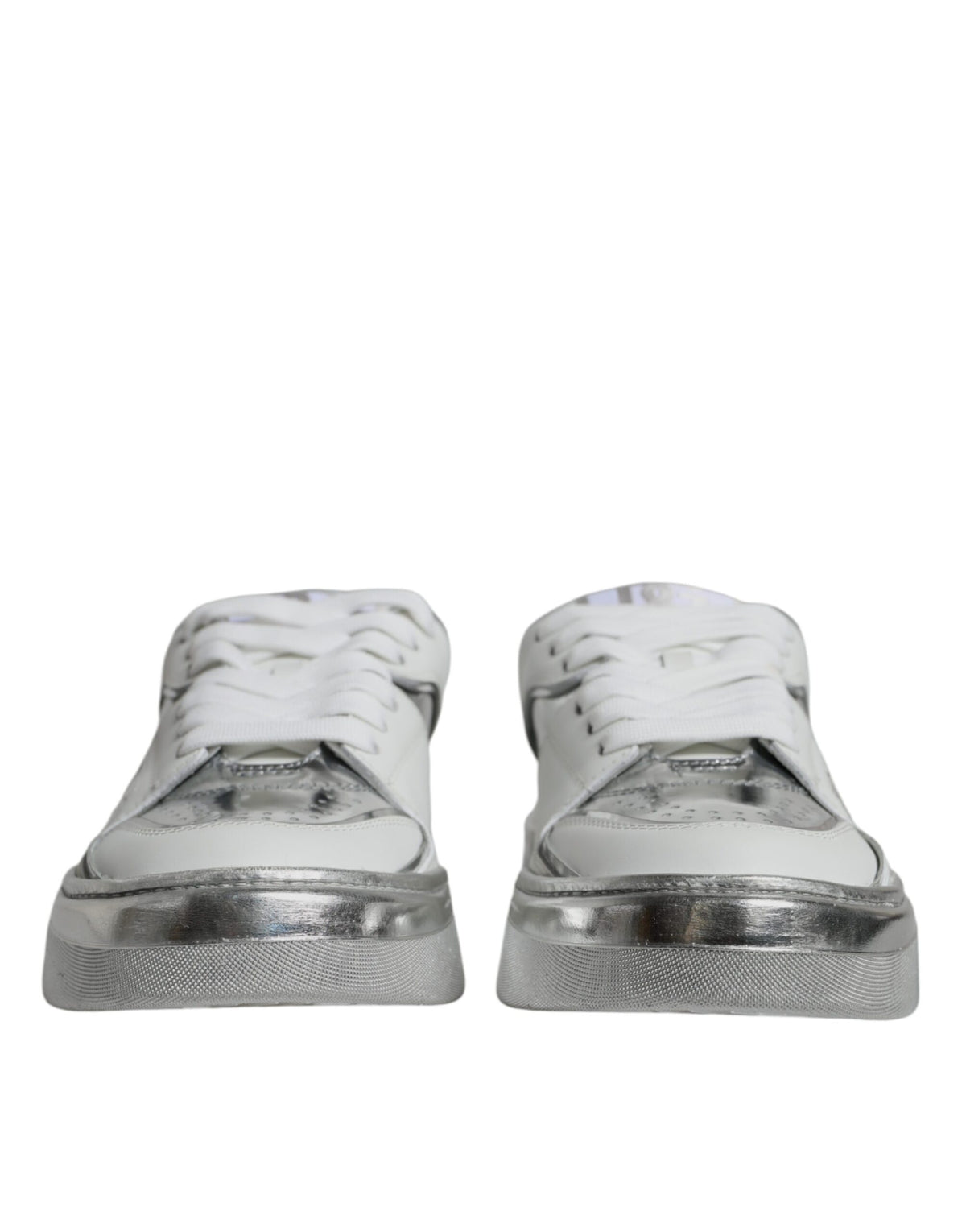 Dolce & Gabbana White Silver Leather Low Top Sneakers Women's Shoes