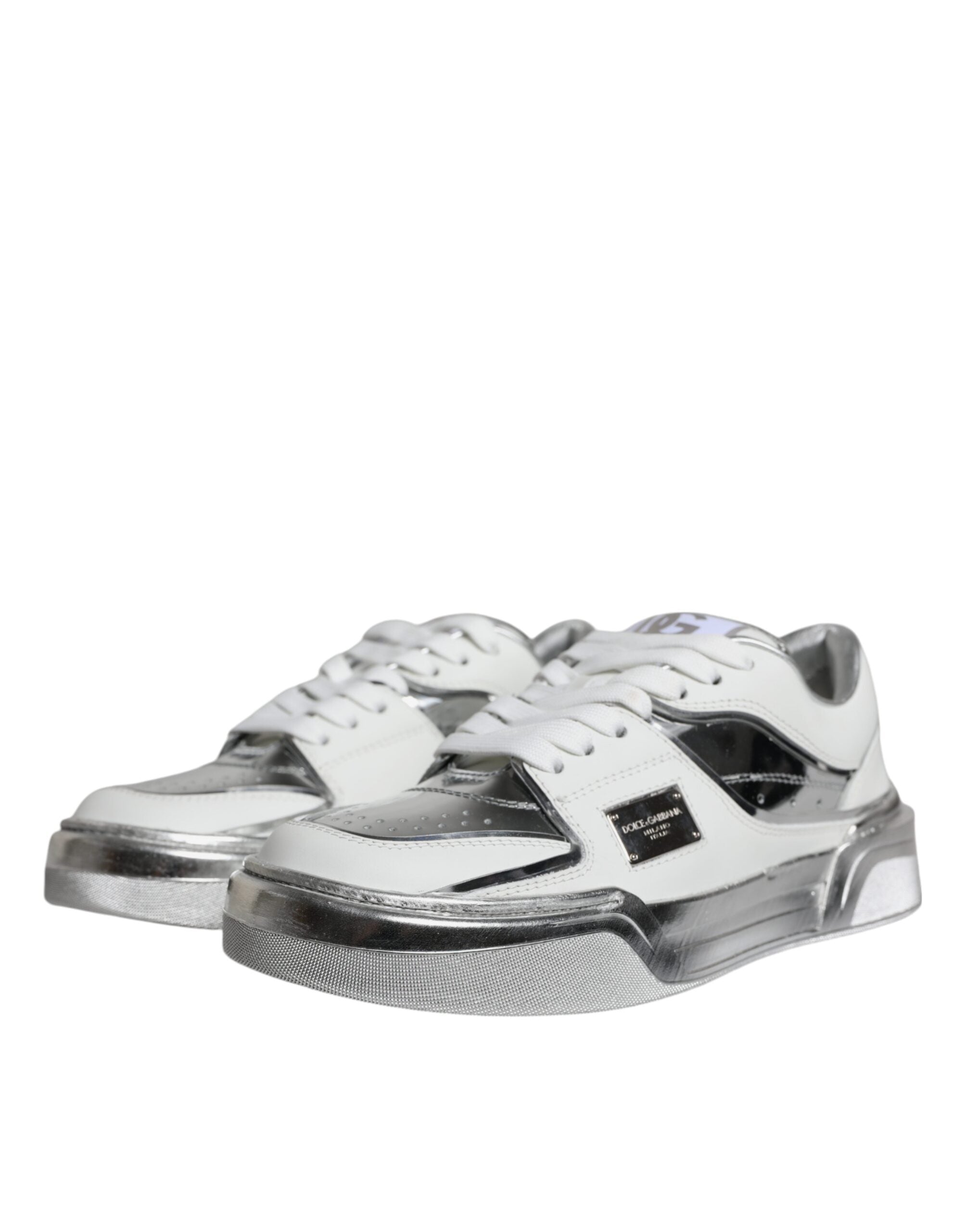 Dolce & Gabbana White Silver Leather Low Top Sneakers Women's Shoes