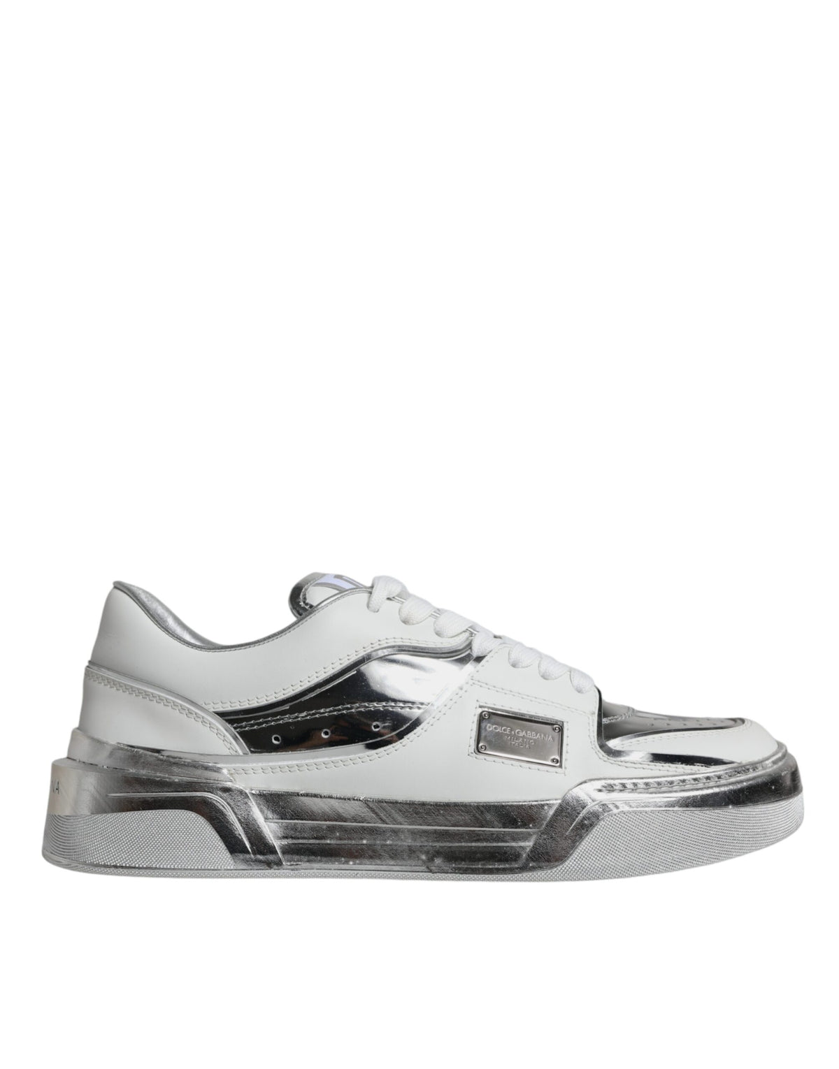 Dolce & Gabbana White Silver Leather Low Top Sneakers Women's Shoes