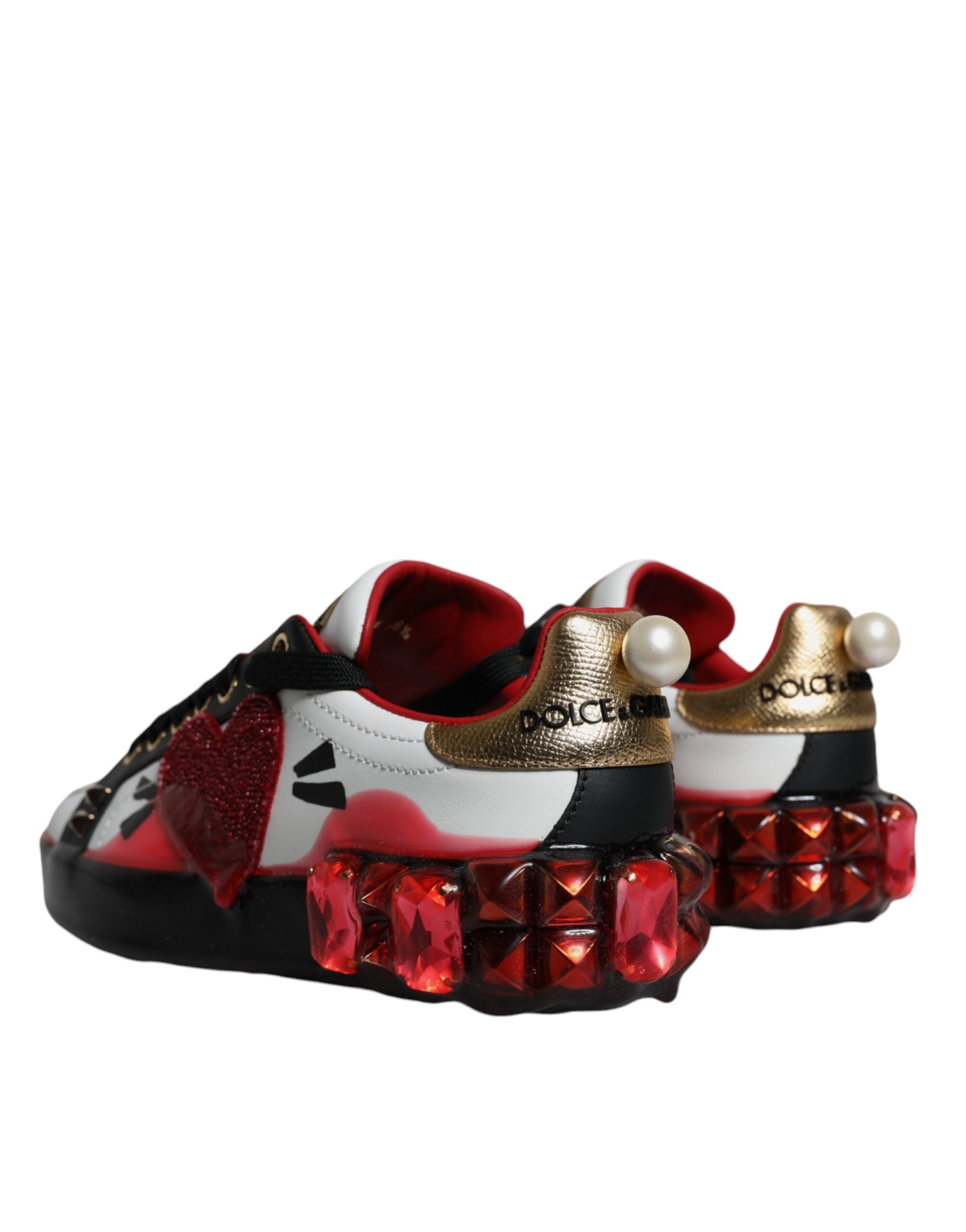 Dolce & Gabbana White Red Crystals Leather Portofino Sneakers Women's Shoes