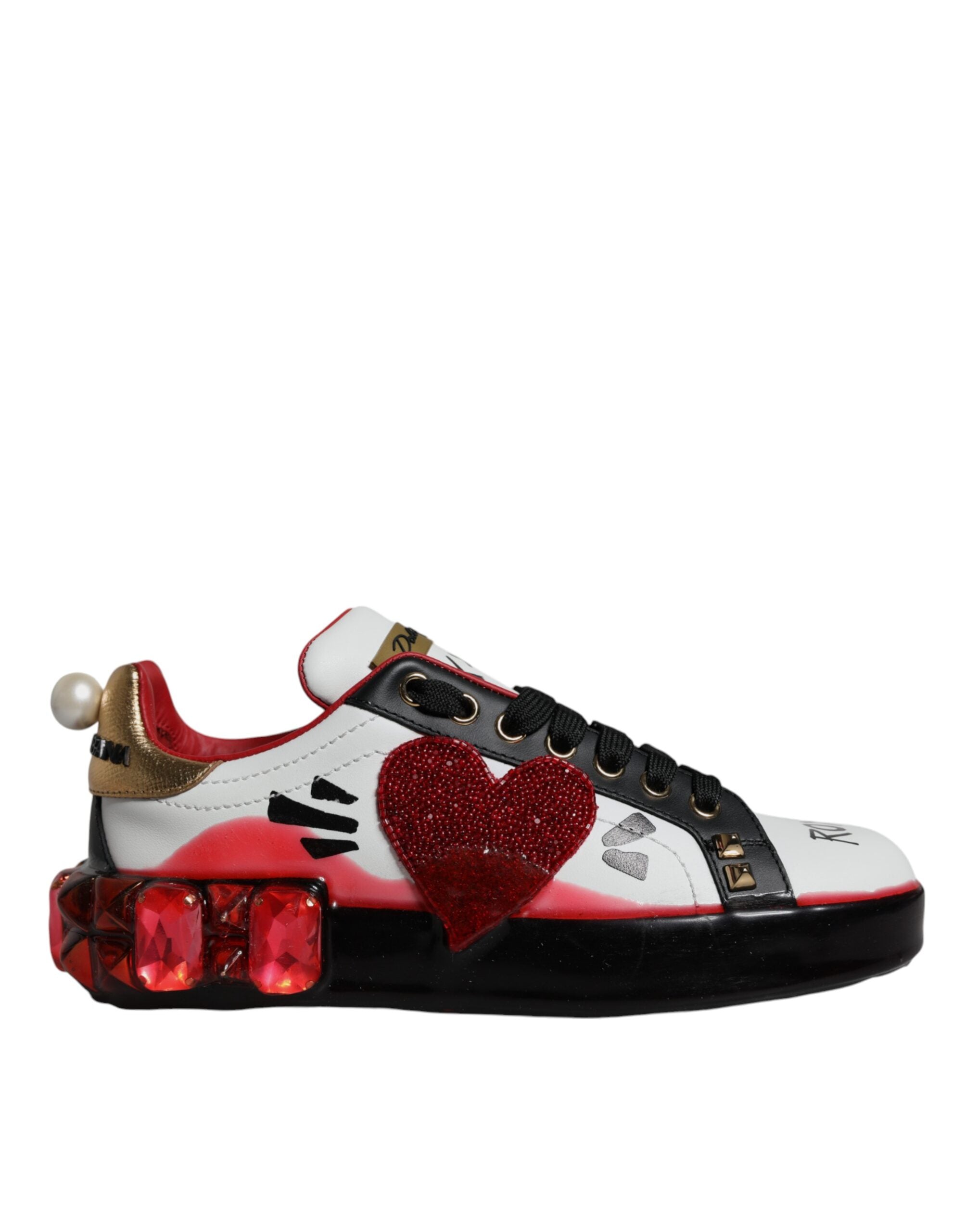 Dolce & Gabbana White Red Crystals Leather Portofino Sneakers Women's Shoes