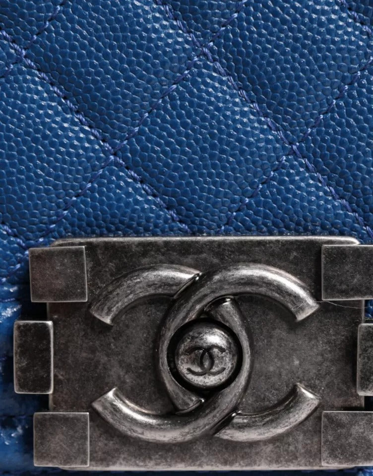 Chanel Blue Lambskin Double Chain Leather Medium Shoulder Women's Bag