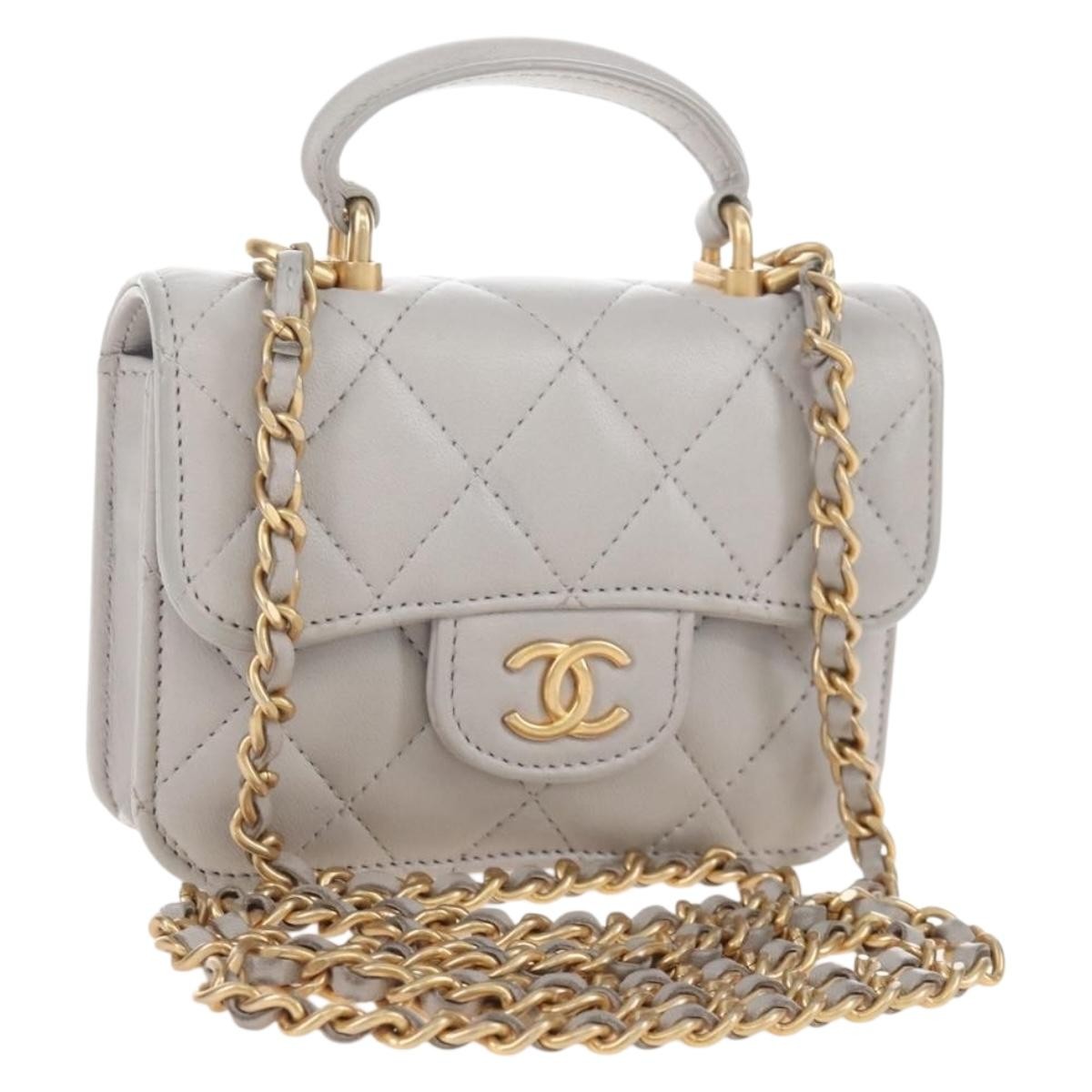 Chanel Top Handle Flap Coin Purse With Chain Quilted Lambskin Gray Leather Crossbody Bag Bag (Pre-Owned)