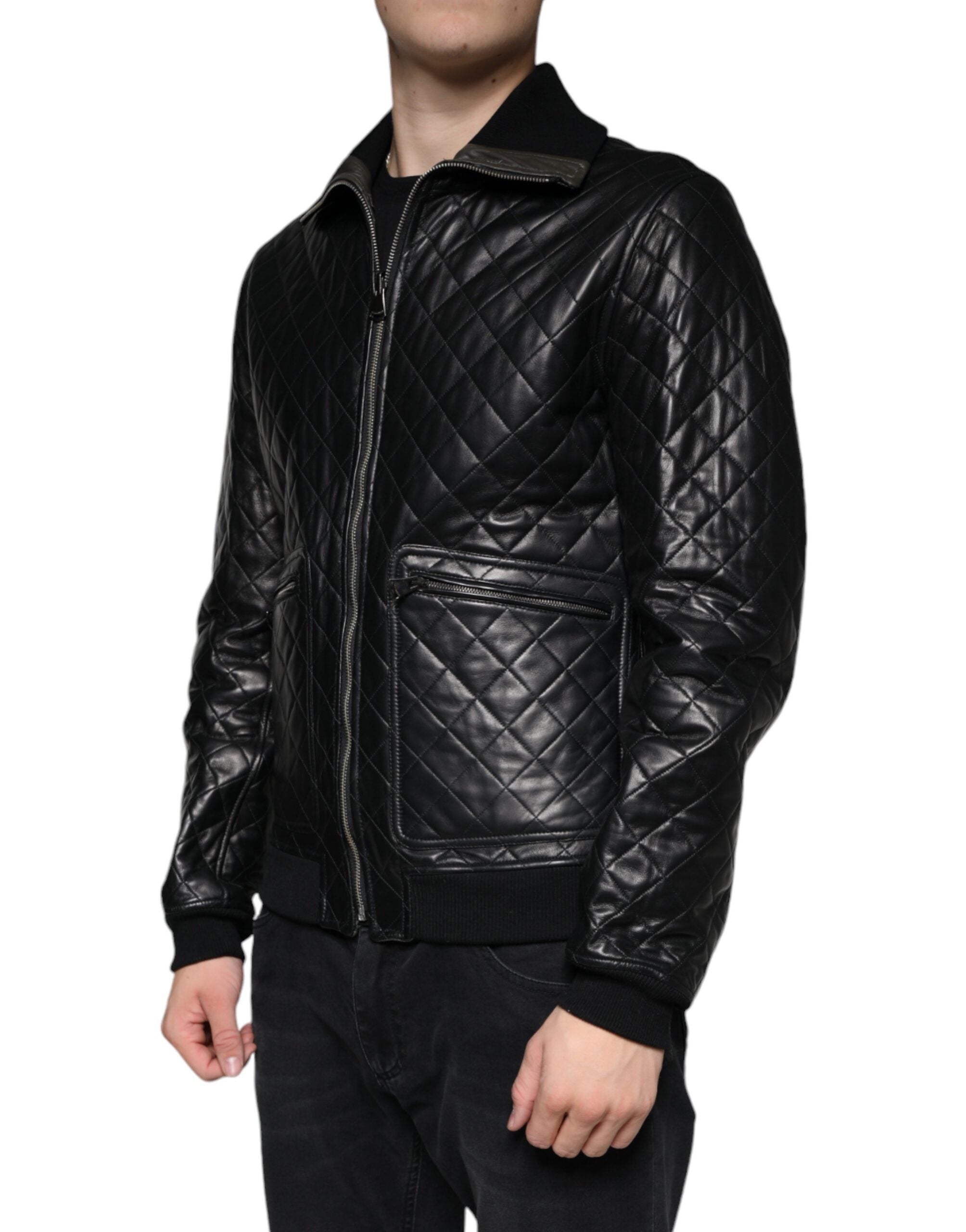 Dolce & Gabbana Black Calf Leather Quilted Full Zip Men's Jacket (Pre-Owned)
