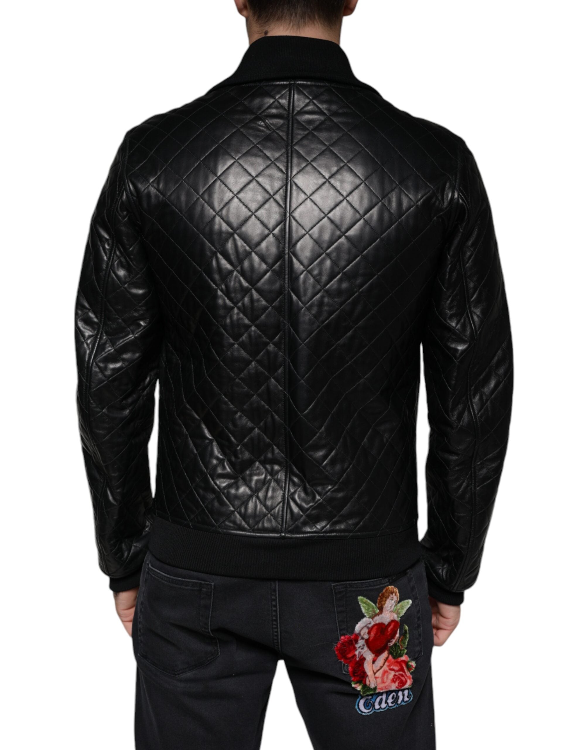 Dolce & Gabbana Black Calf Leather Quilted Full Zip Men's Jacket (Pre-Owned)