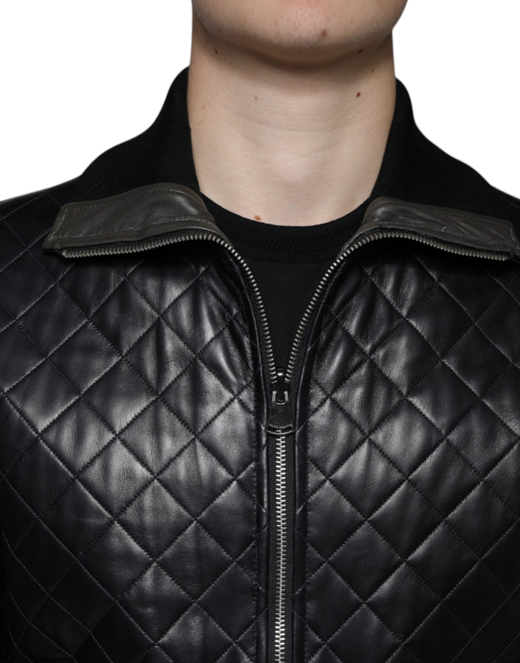 Dolce & Gabbana Black Calf Leather Quilted Full Zip Men's Jacket (Pre-Owned)