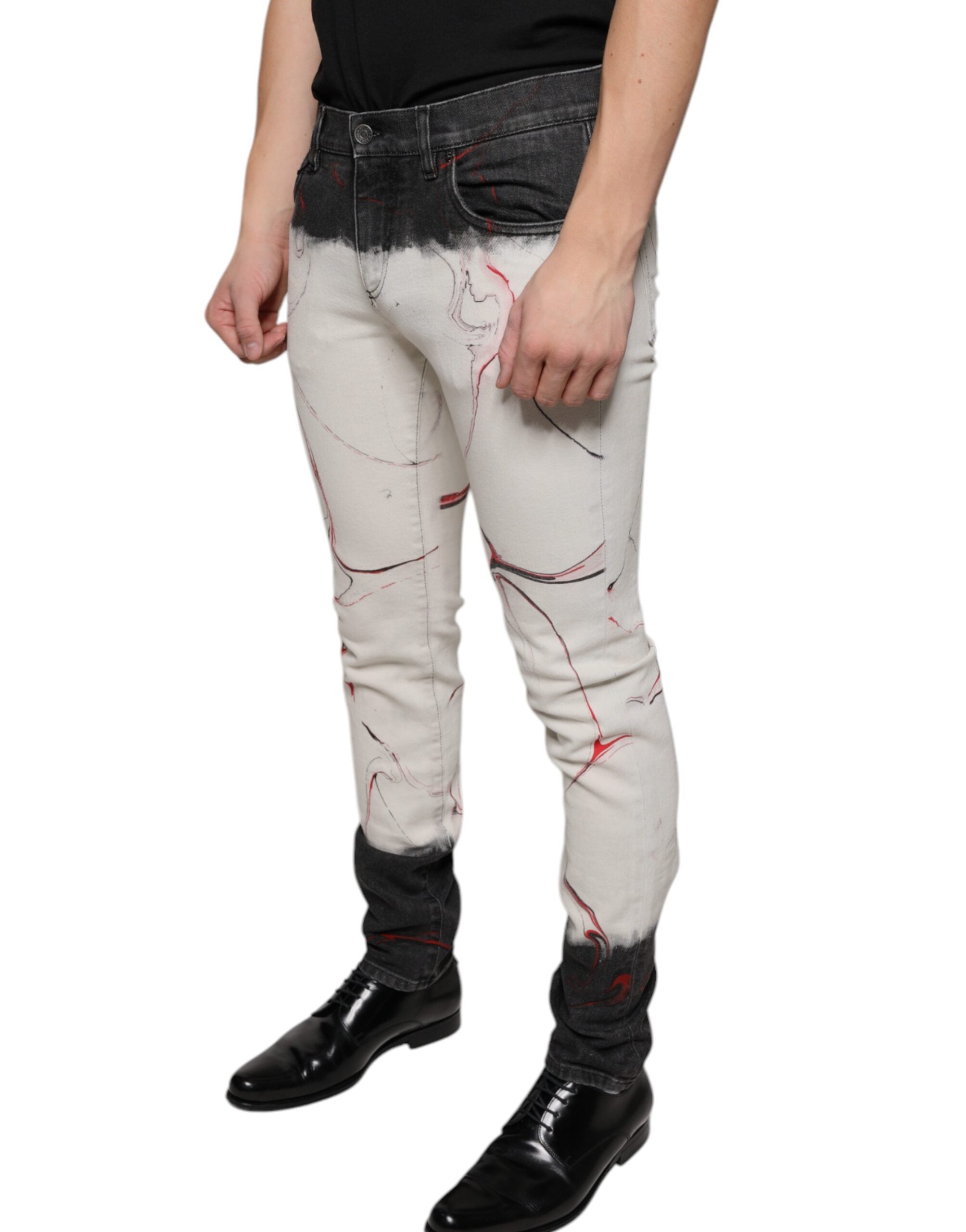 Dolce & Gabbana Black White Printed Skinny Men Denim Men's Jeans