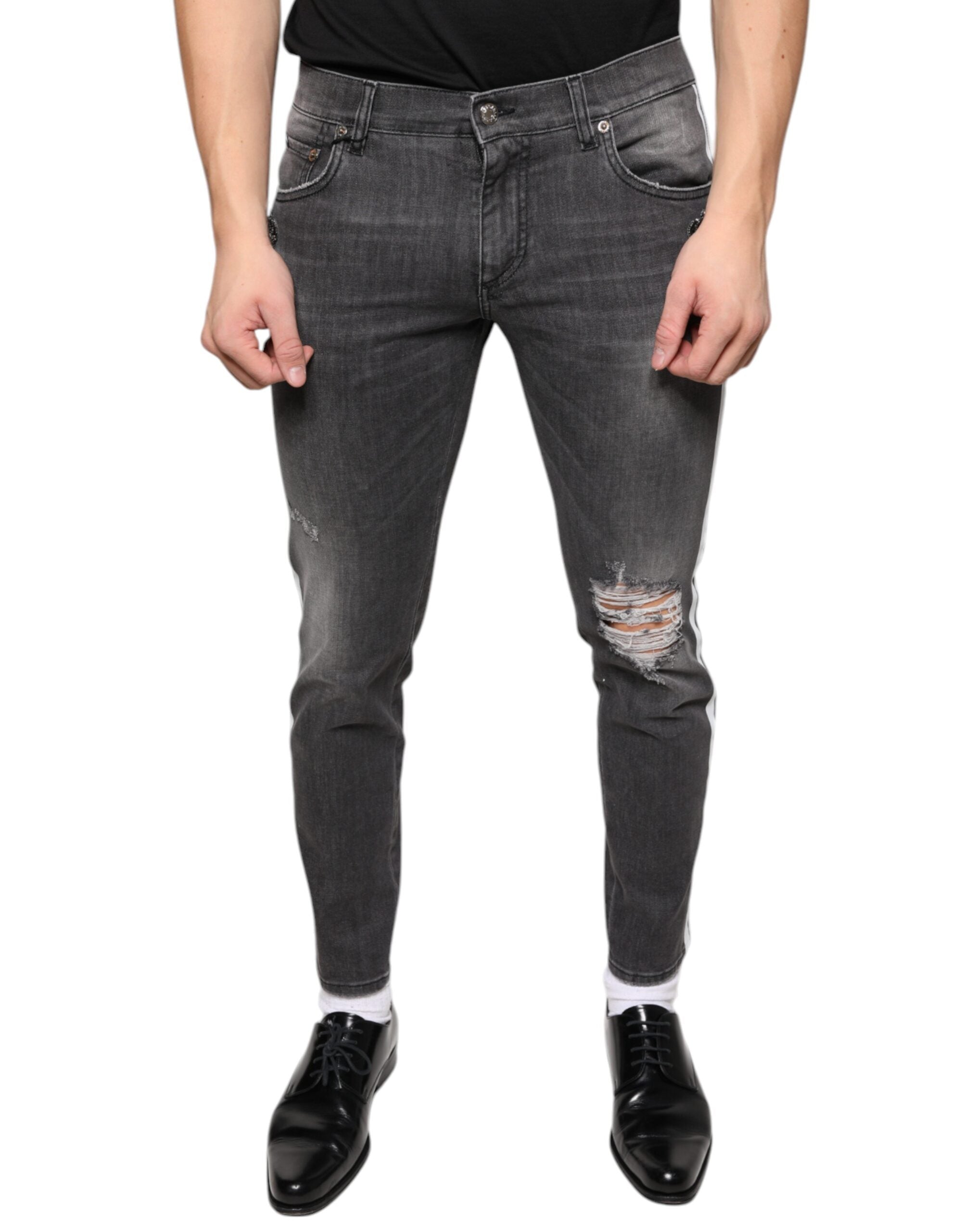 Dolce & Gabbana Black Tattered Cotton Skinny Men Denim Men's Jeans (Pre-Owned)