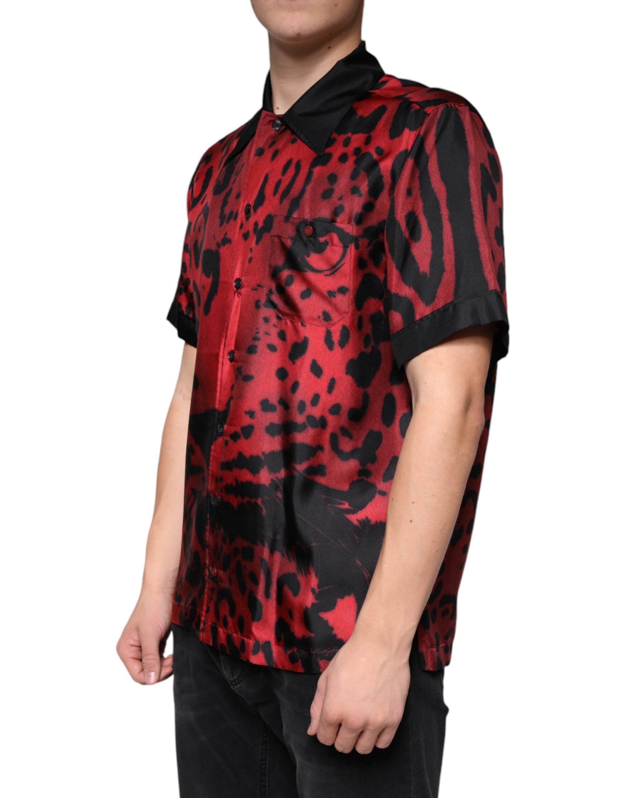Dolce & Gabbana Red Leopard Silk Button Down Casual Men's Shirt