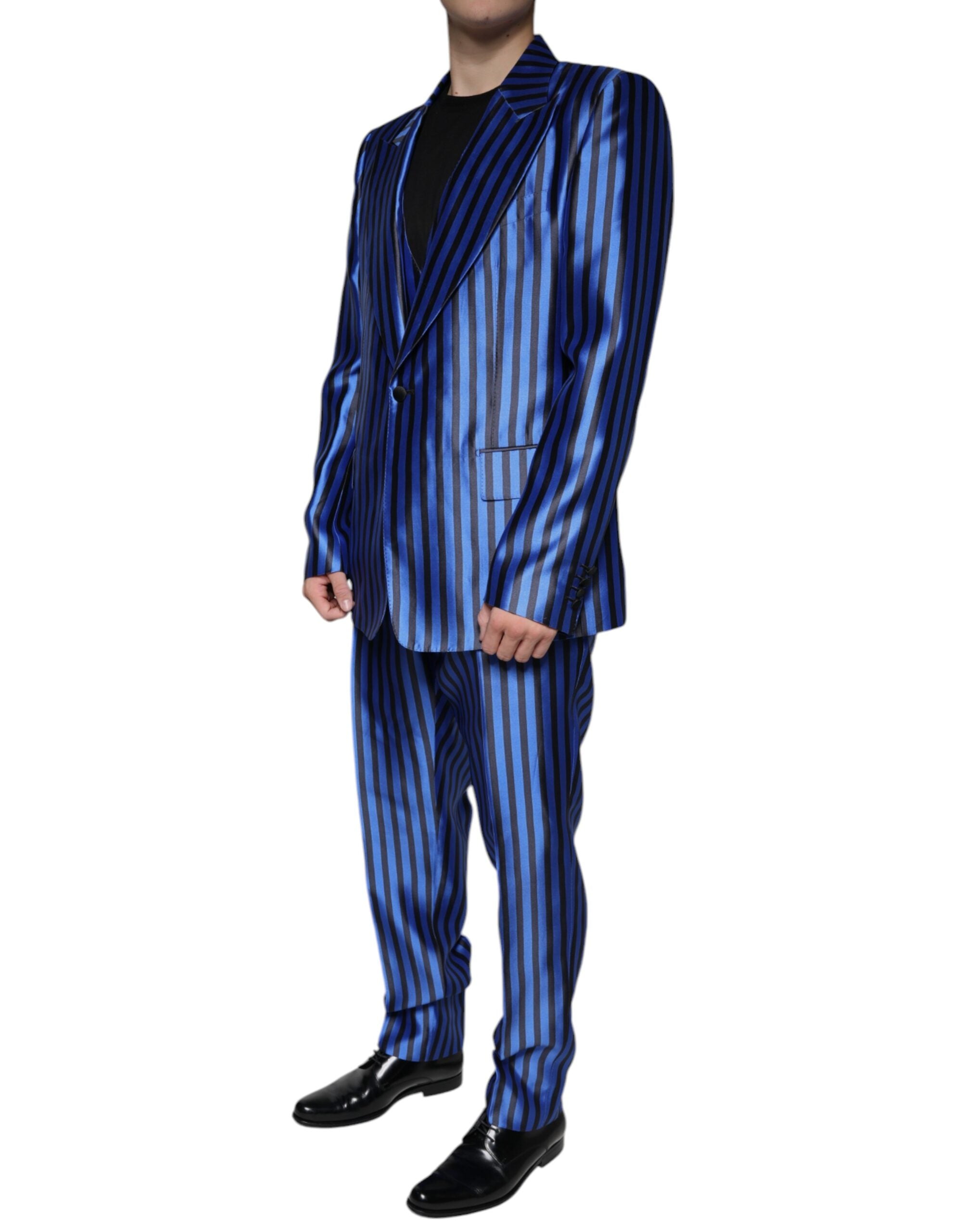 Dolce & Gabbana Metallic Blue Stripes Formal 3 Piece Men's Suit (Pre-Owned)