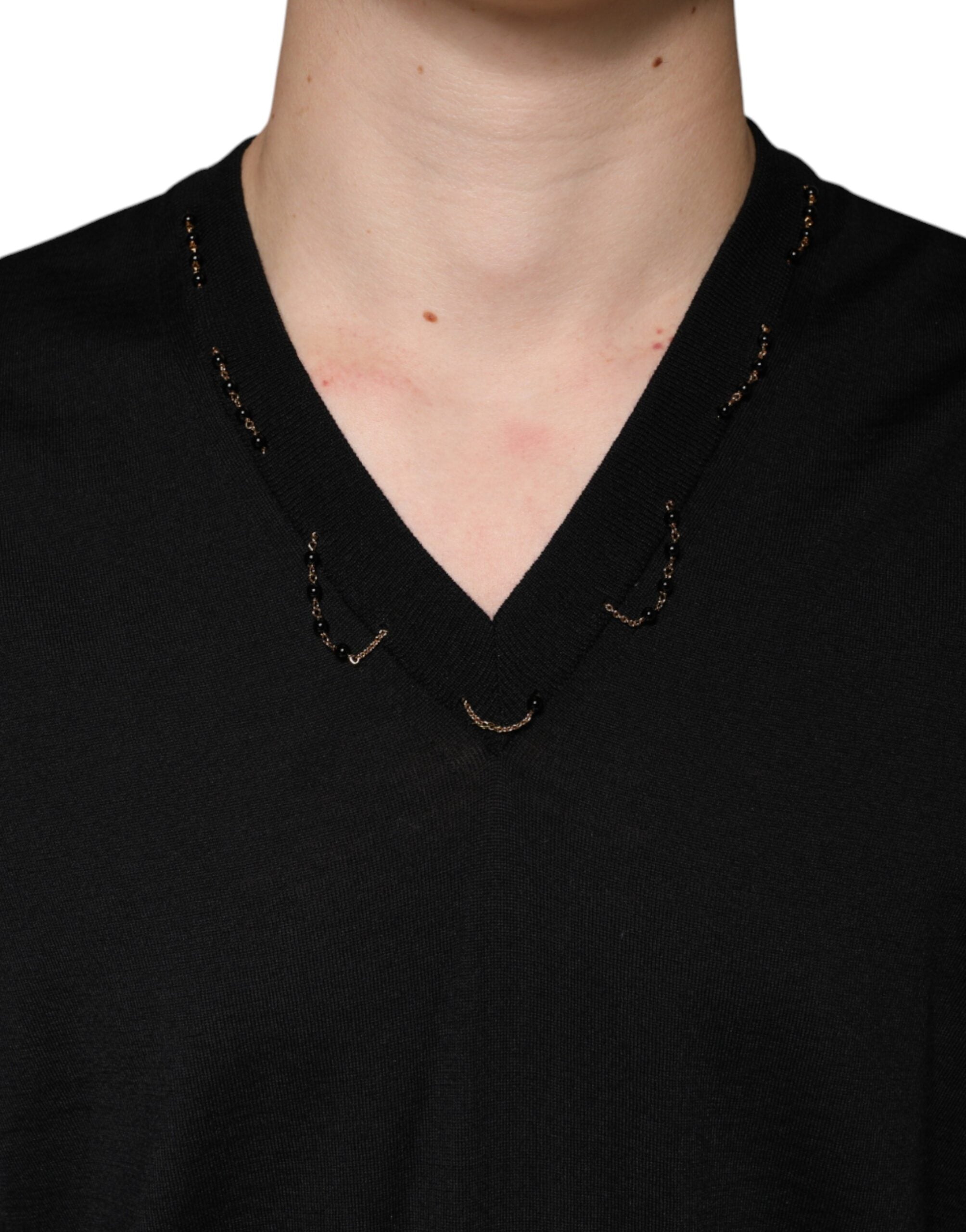 Dolce & Gabbana Black Embellished V-neck Pullover Men's Sweater