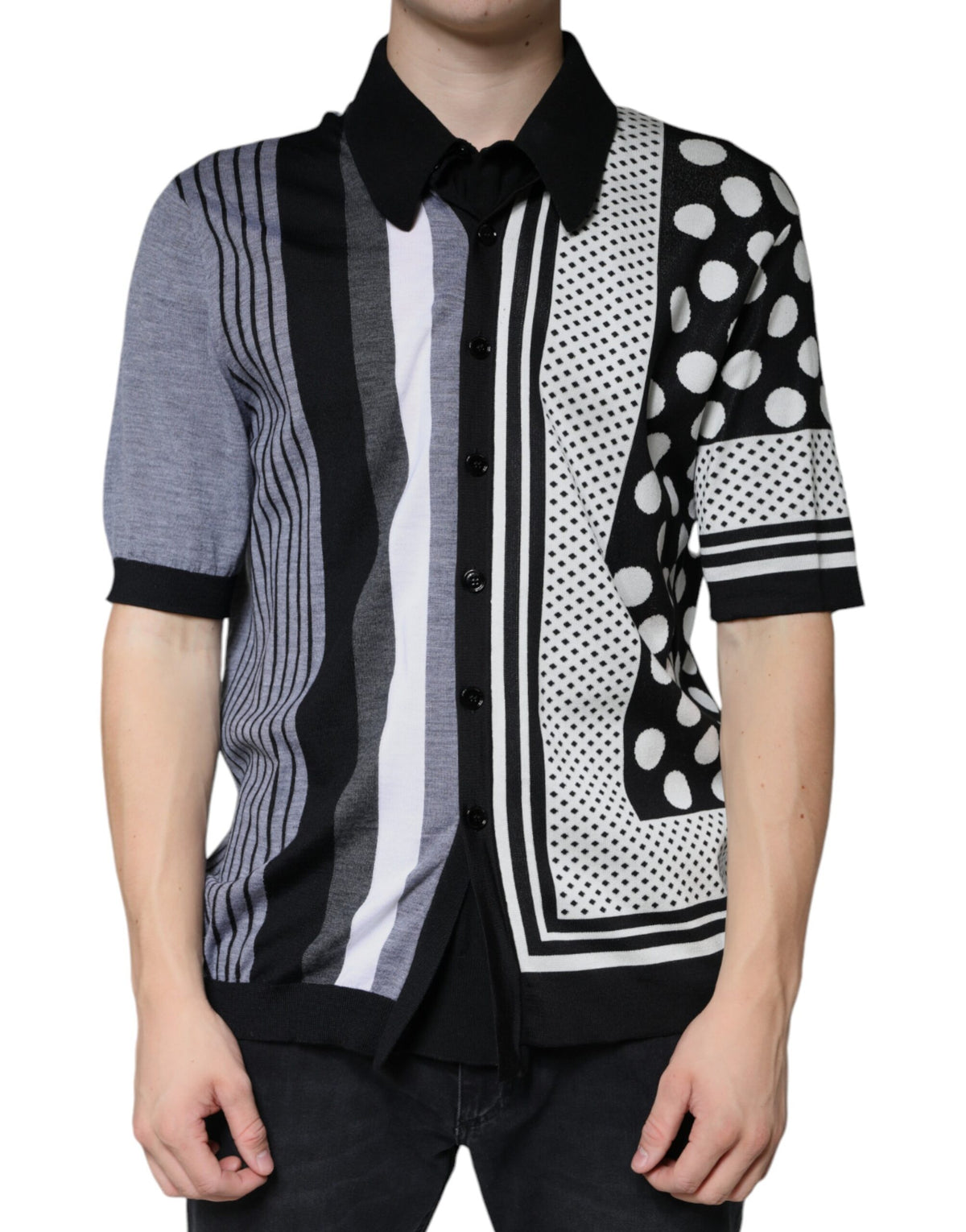 Dolce & Gabbana Black White Polka Dot Collared Polo Men's T-shirt