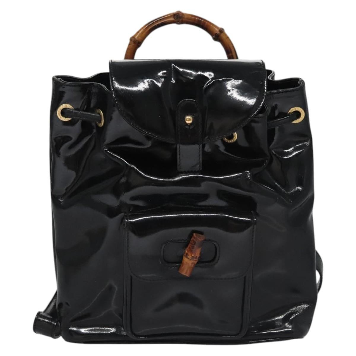 Gucci Vintage Bamboo Patent Black Patent_Leather Backpack Bag (Pre-Owned)