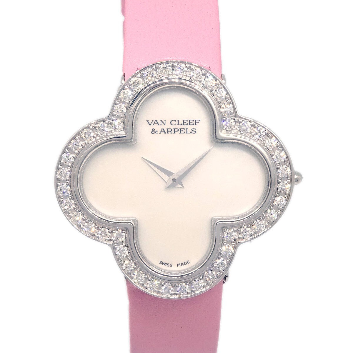 Van Cleef & Arpels Alhambra Quartz White Gold And Satin With Diamond Bezel And Mother Of Pearl Watch (Pre-Owned)