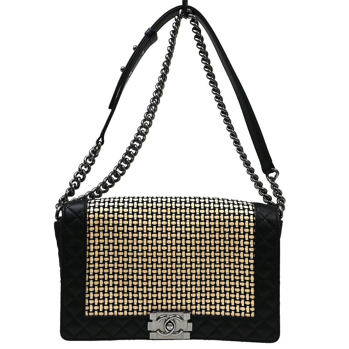 Chanel Reverso Boy Flap Woven Calfskin Black Leather Shoulder Bag Bag (Pre-Owned)
