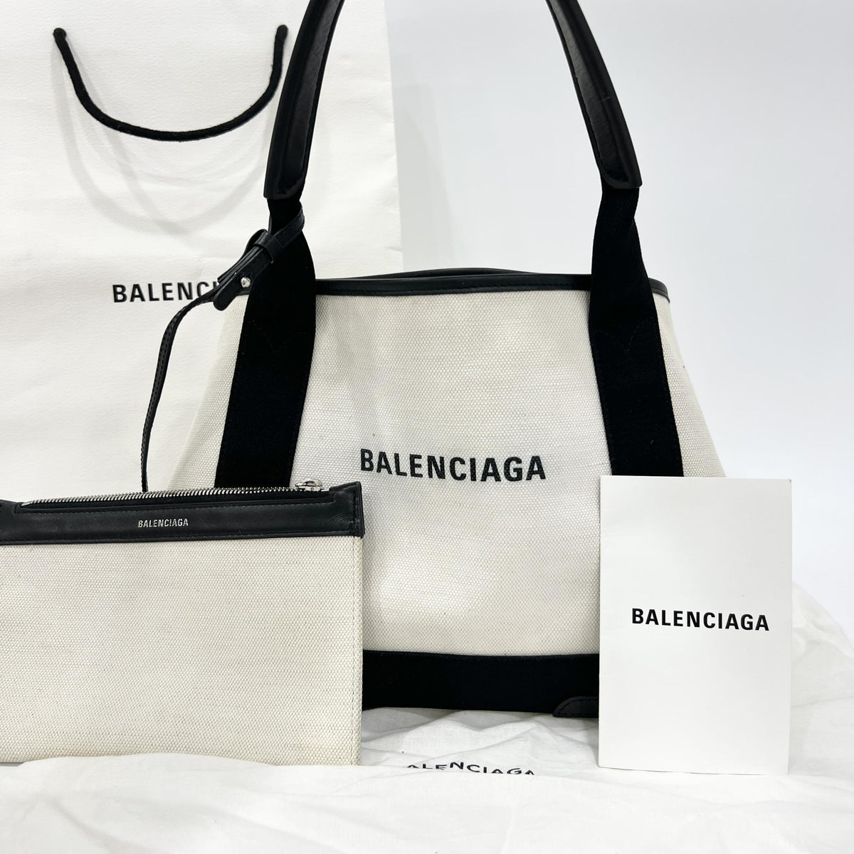 Balenciaga Navy Cabas Canvas With Leather White Canvas Tote Bag Bag (Pre-Owned)