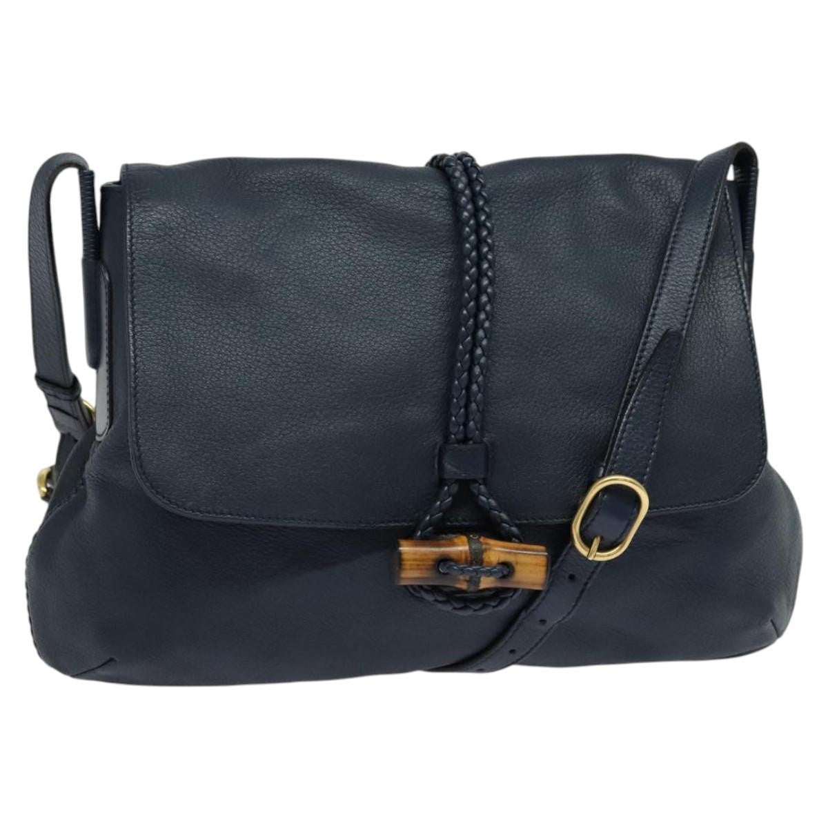 Gucci Hip Bamboo Flap Leather Blue Leather Handbag (Pre-Owned)