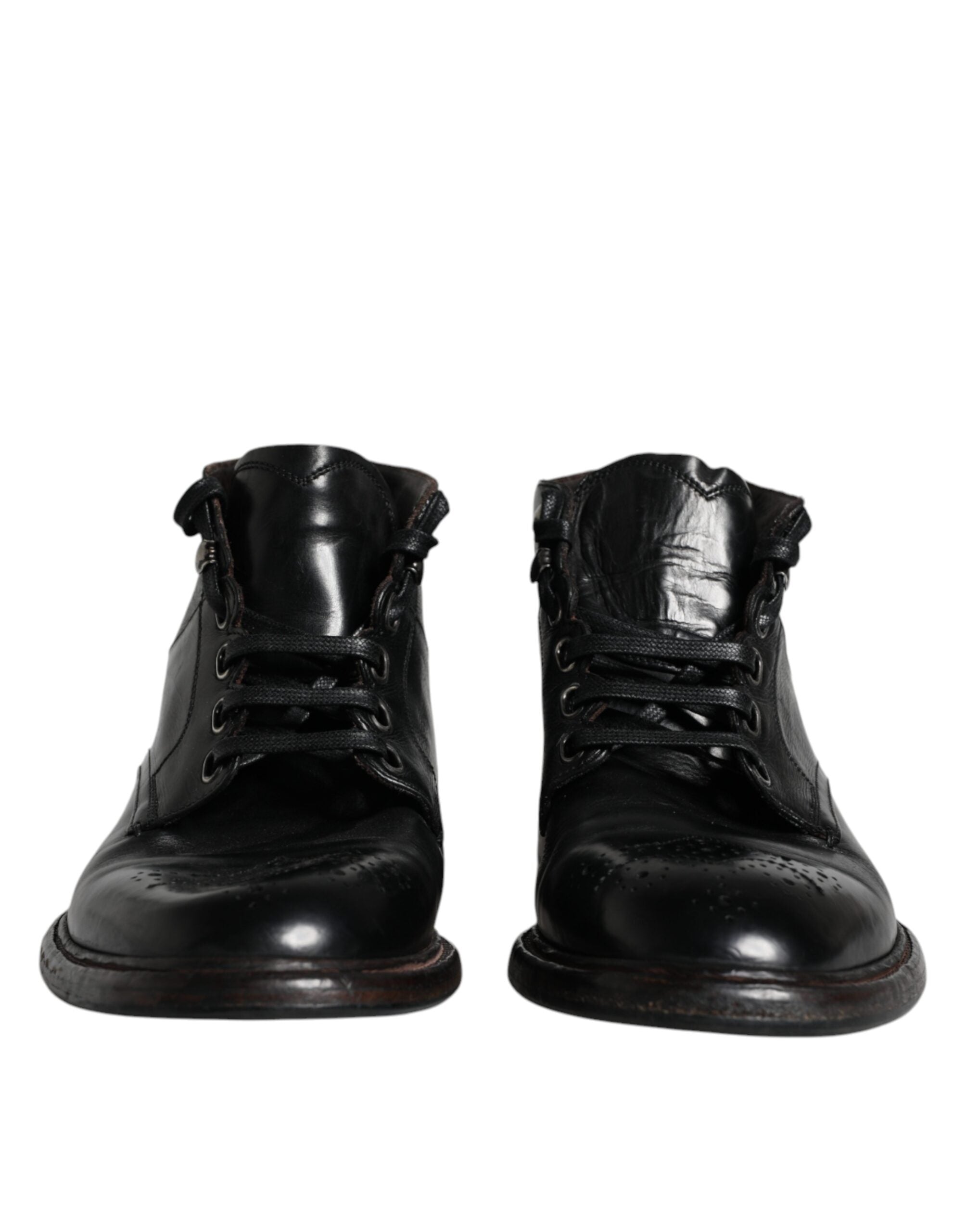 Dolce & Gabbana Black Leather Men Short Boots Lace Up Men's Shoes (Pre-Owned)