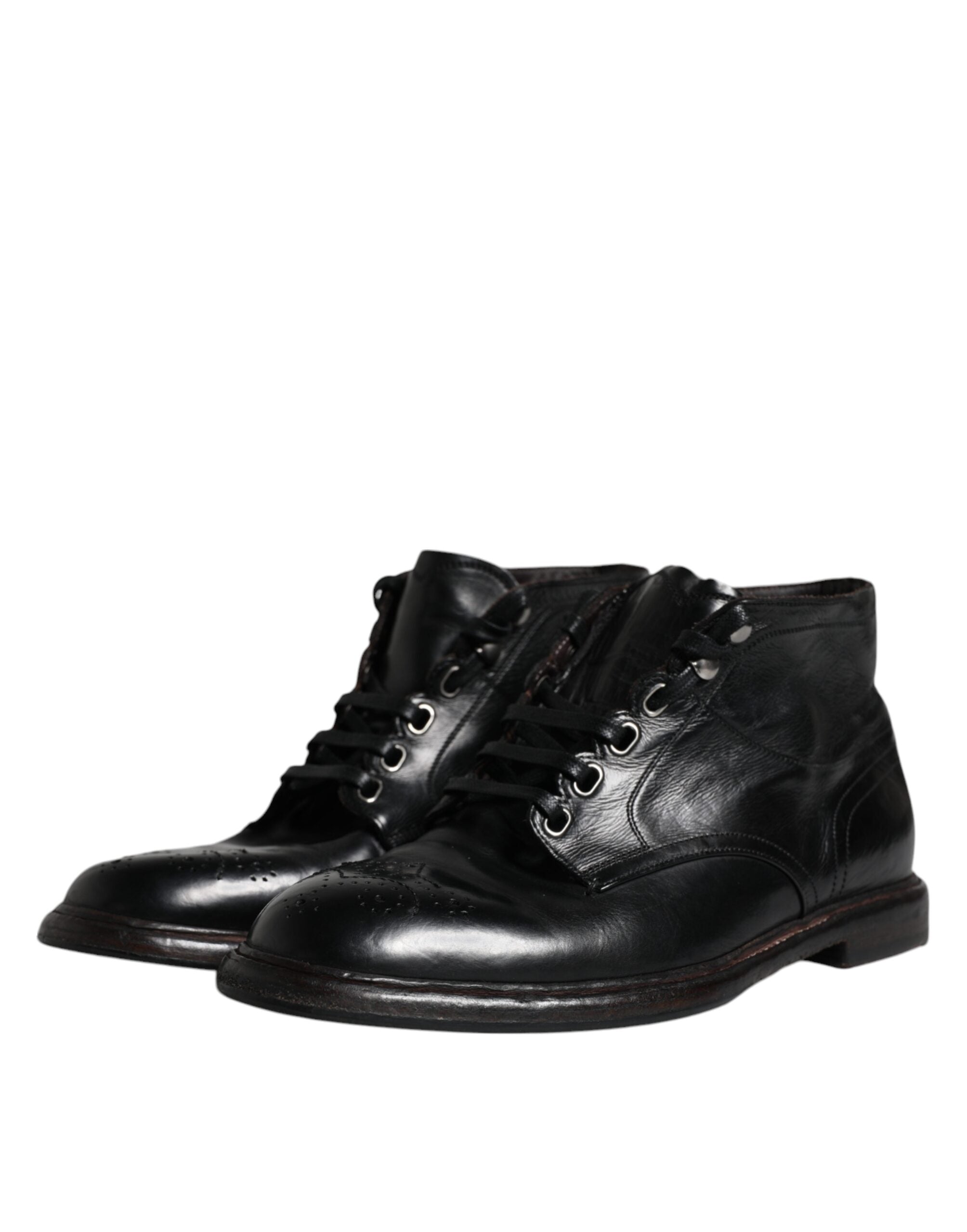 Dolce & Gabbana Black Leather Men Short Boots Lace Up Men's Shoes (Pre-Owned)