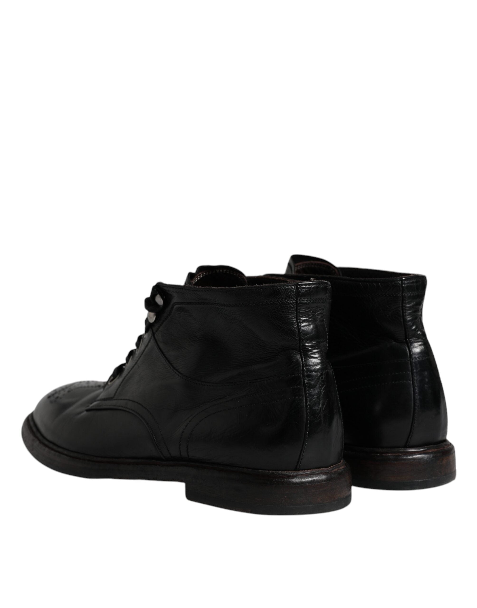 Dolce & Gabbana Black Leather Men Short Boots Lace Up Men's Shoes (Pre-Owned)