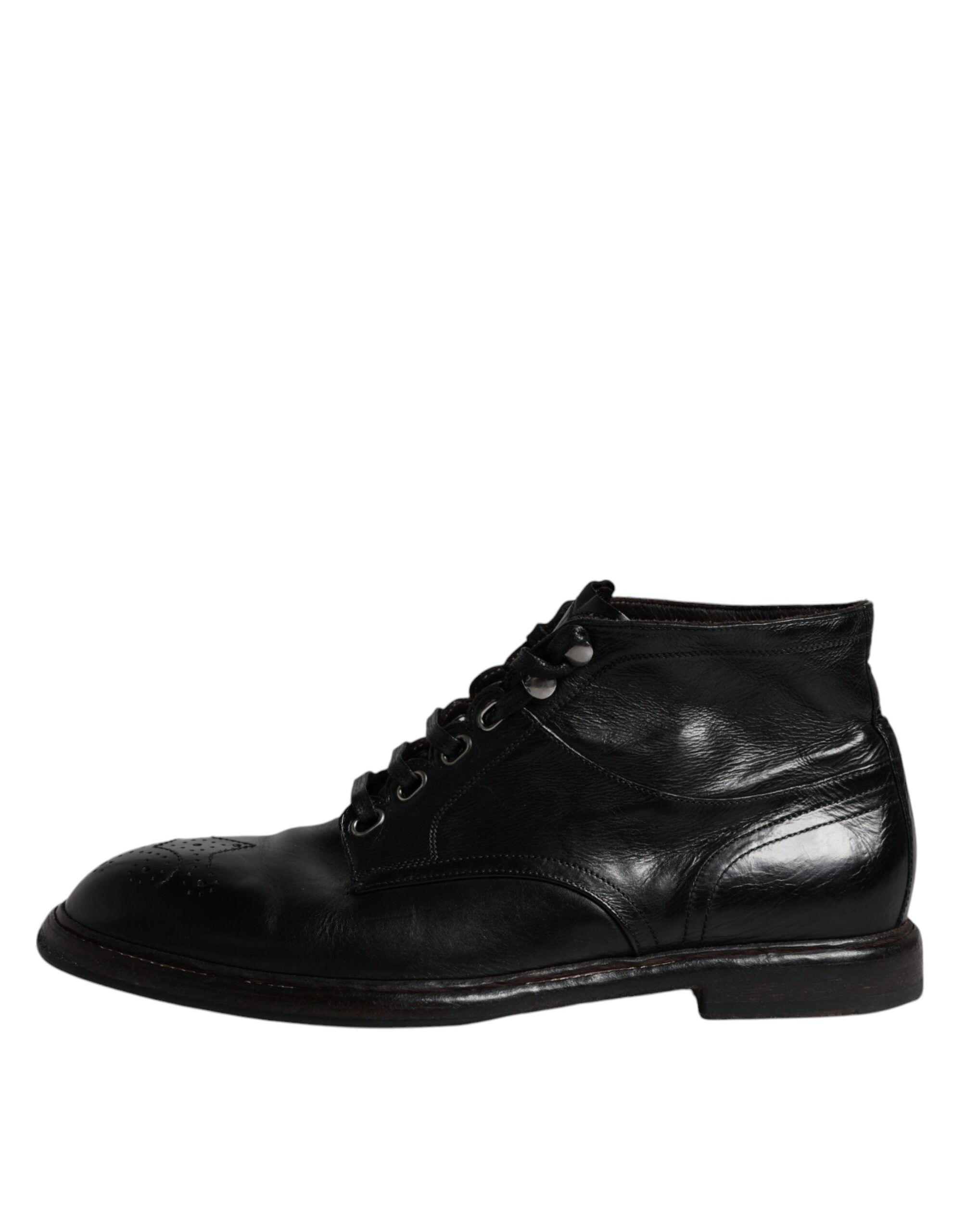 Dolce & Gabbana Black Leather Men Short Boots Lace Up Men's Shoes (Pre-Owned)