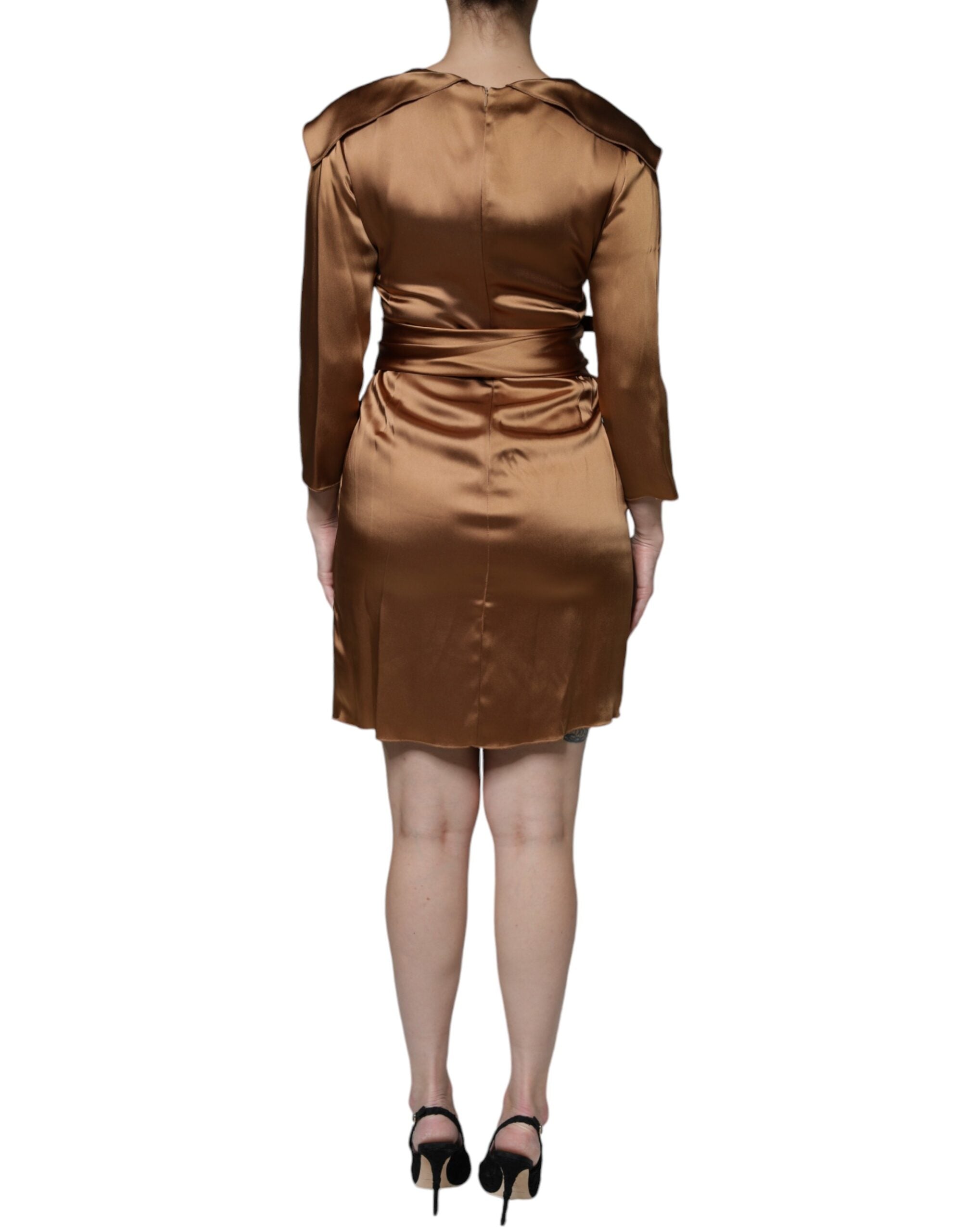 Emporio Armani Brown Satin Long Sleeves Wrap Sheath Mini Women's Dress (Pre-Owned)