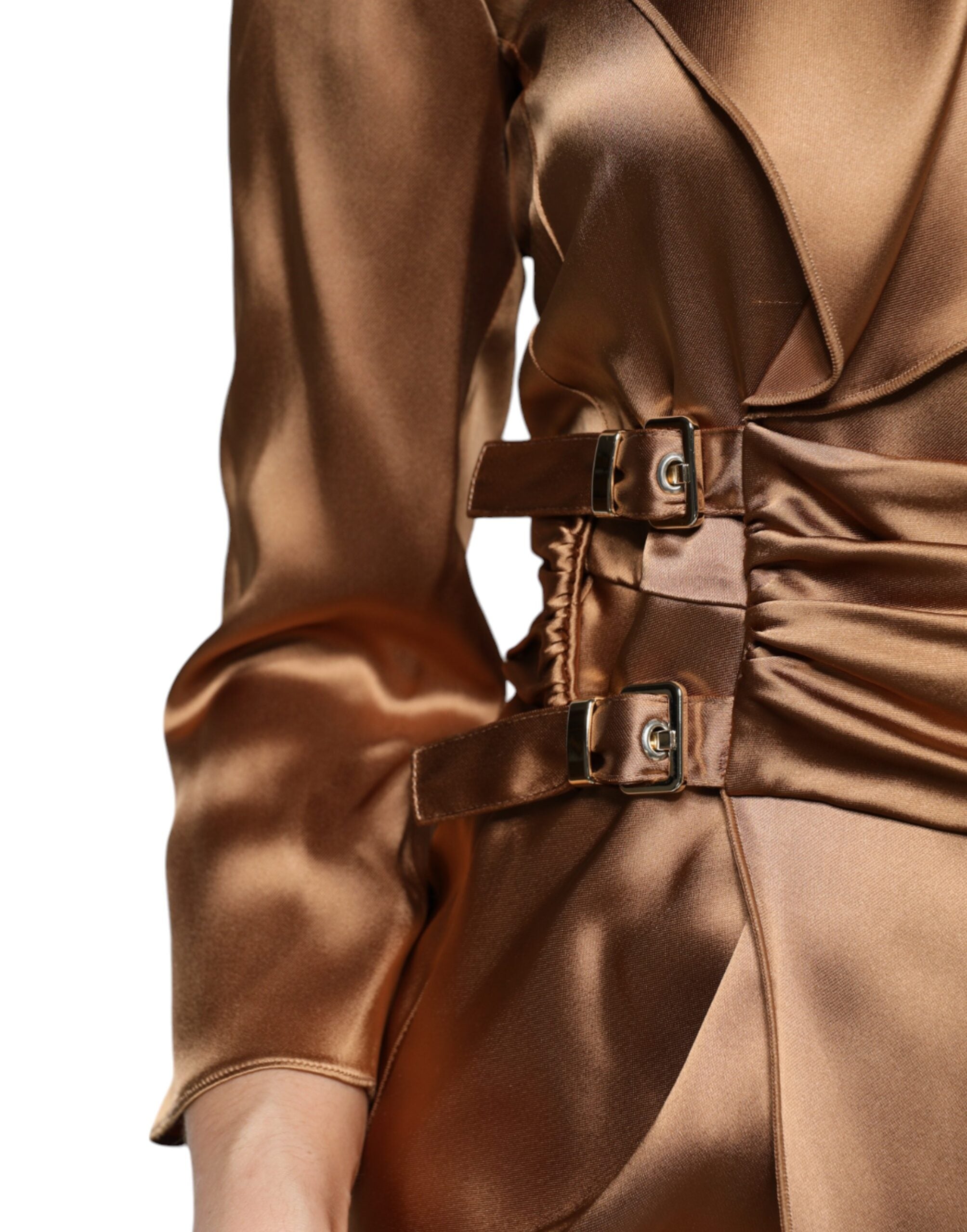 Emporio Armani Brown Satin Long Sleeves Wrap Sheath Mini Women's Dress (Pre-Owned)