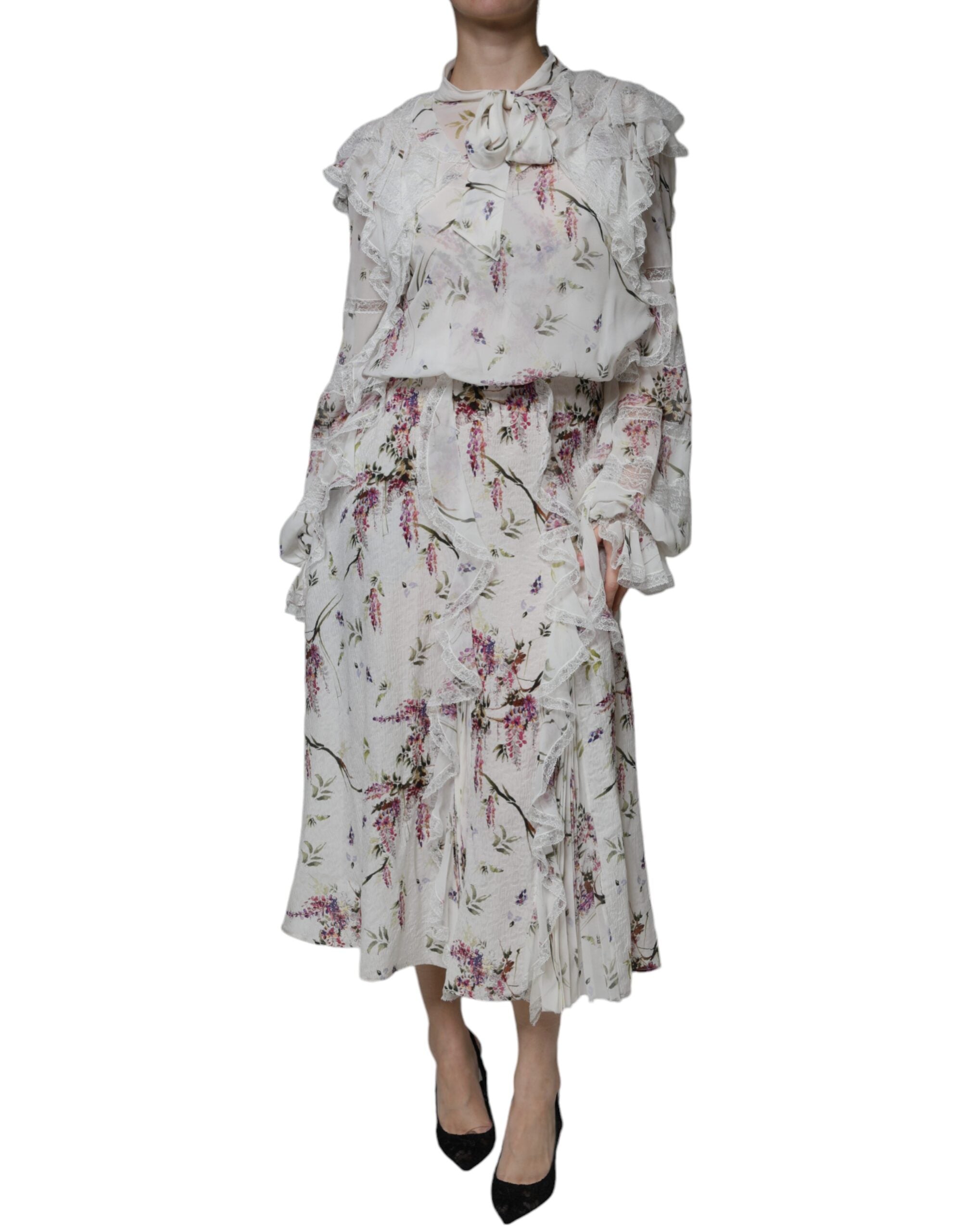 Ermanno Scervino White Floral Ruffles Lace Long Sleeves Maxi Women's Dress (Pre-Owned)