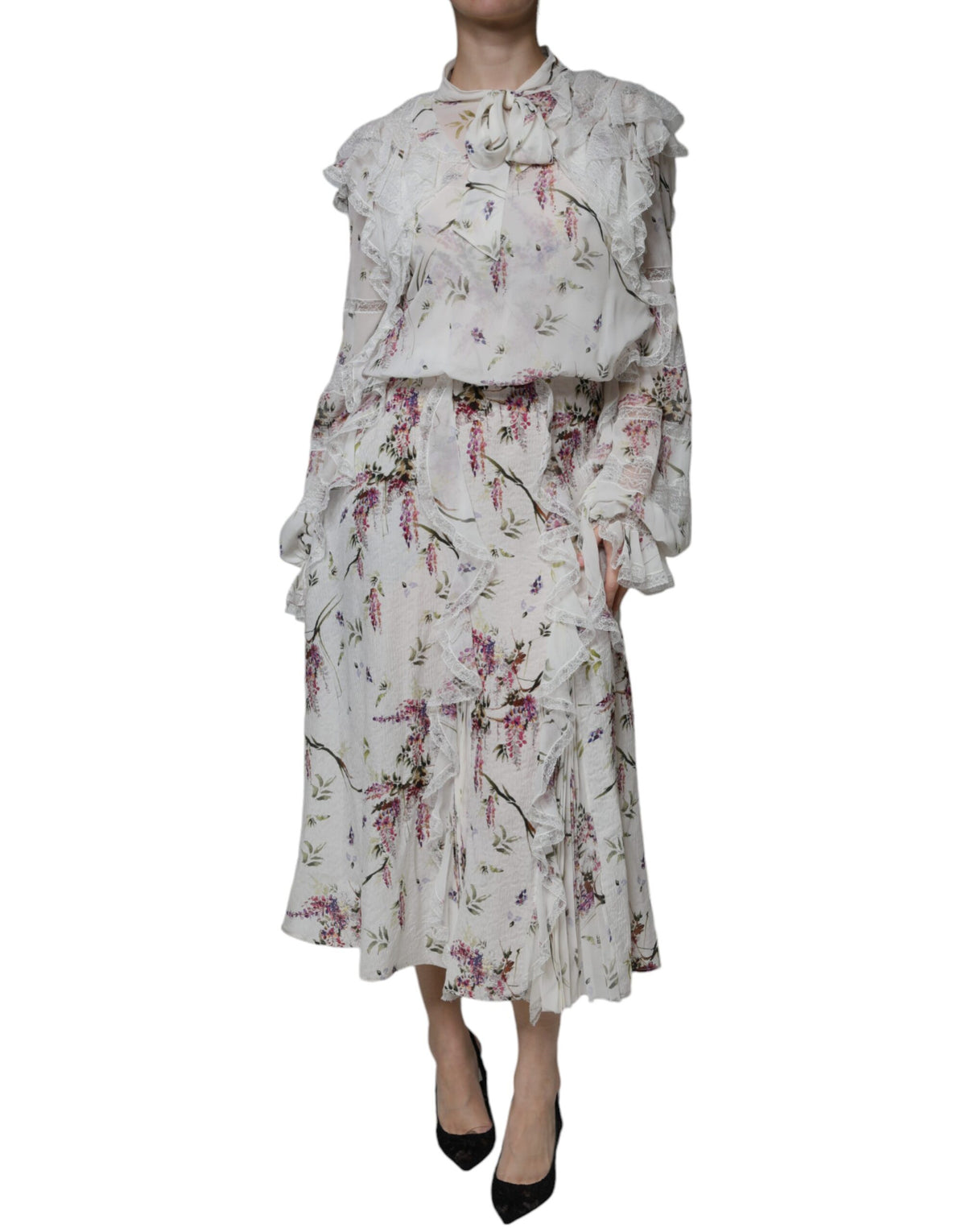 Ermanno Scervino White Floral Ruffles Lace Long Sleeves Maxi Women's Dress (Pre-Owned)