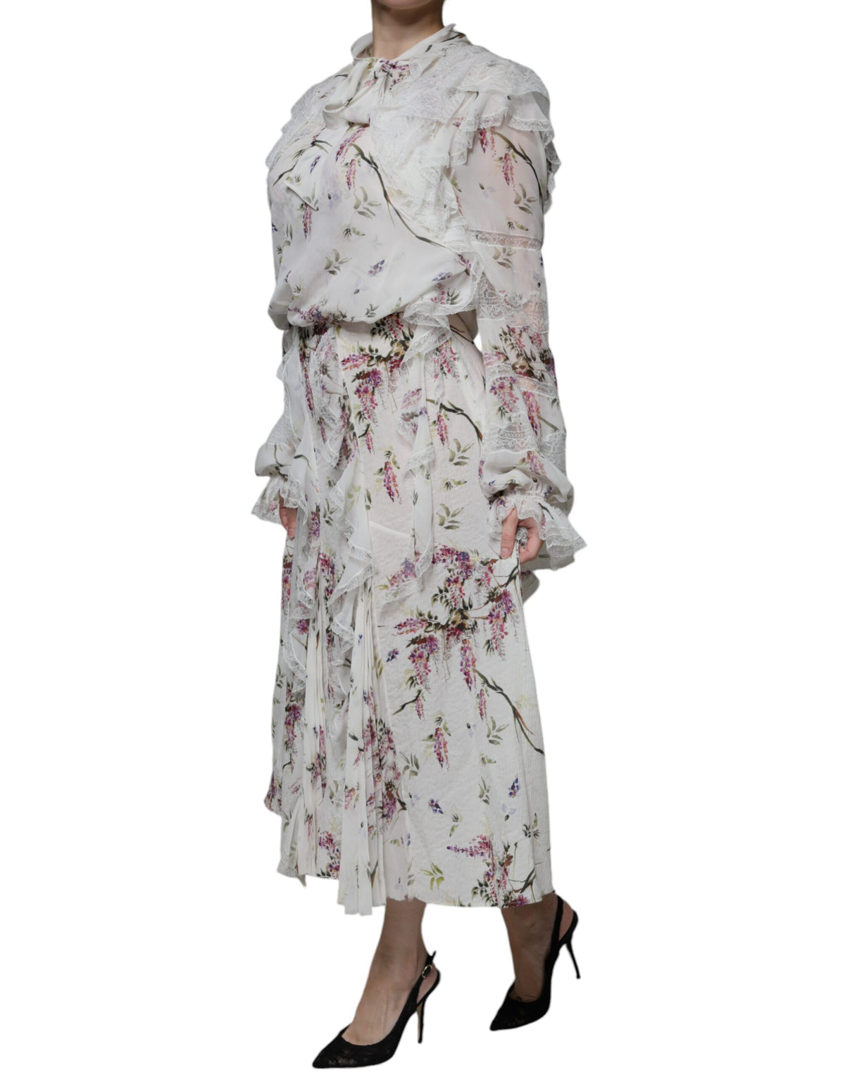 Ermanno Scervino White Floral Ruffles Lace Long Sleeves Maxi Women's Dress (Pre-Owned)