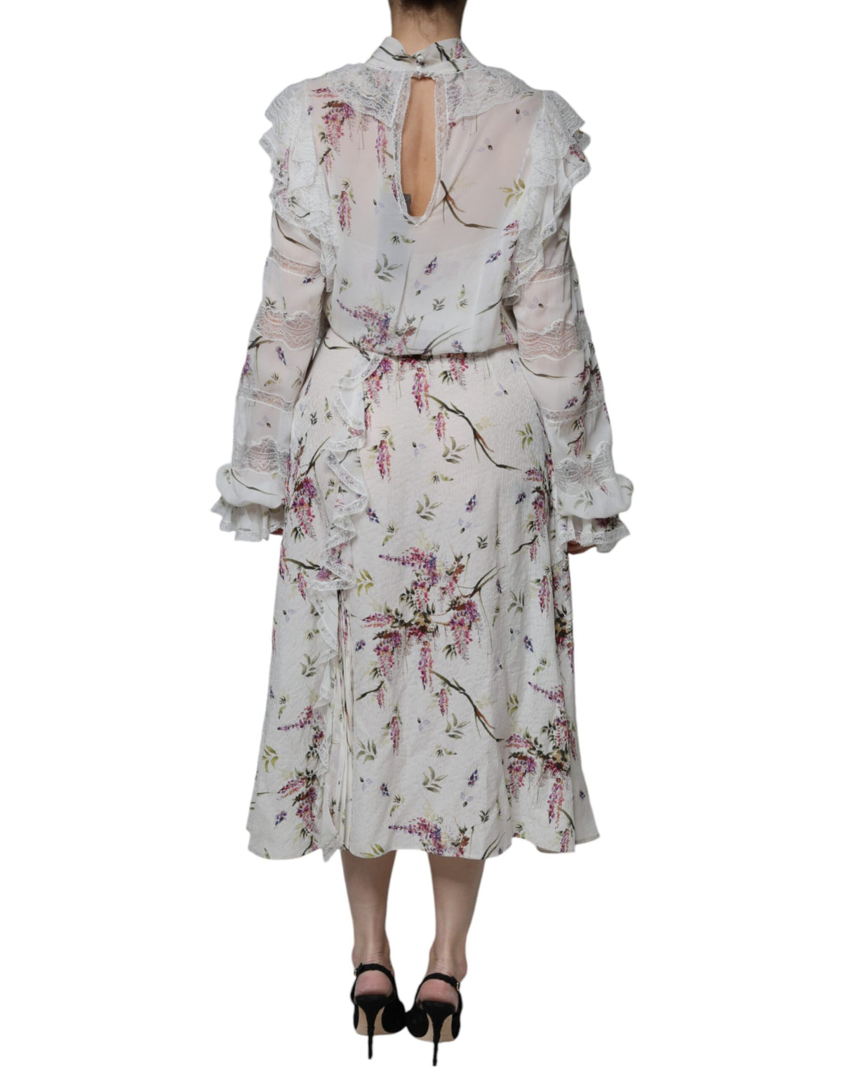 Ermanno Scervino White Floral Ruffles Lace Long Sleeves Maxi Women's Dress (Pre-Owned)