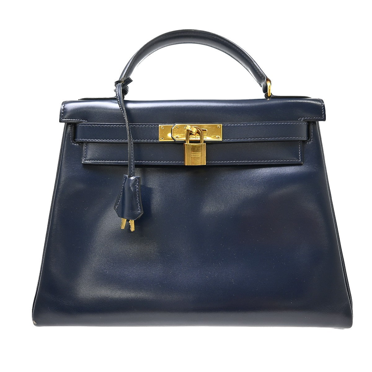 Hermes Kelly Blue Box Calf With Gold Hardware Navy Calfskin Handbag (Pre-Owned)