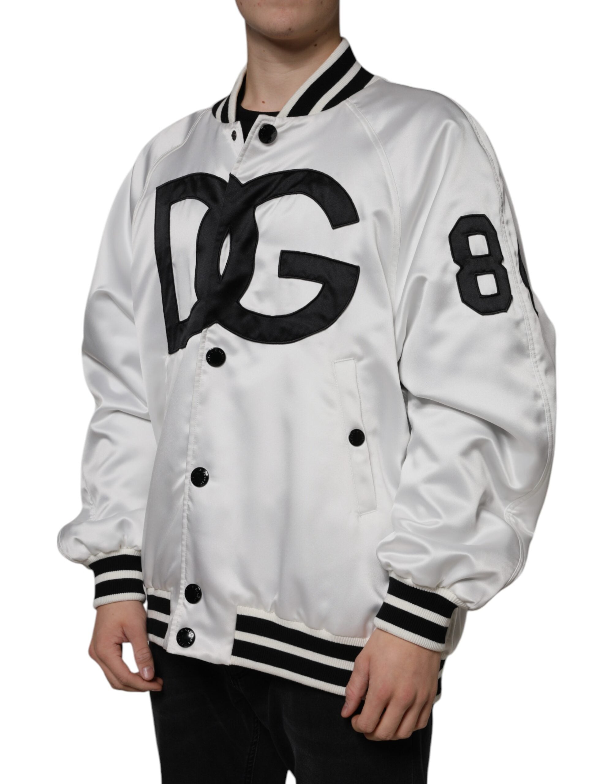 Dolce & Gabbana White Polyester Logo Full Zip Bomber Men's Jacket