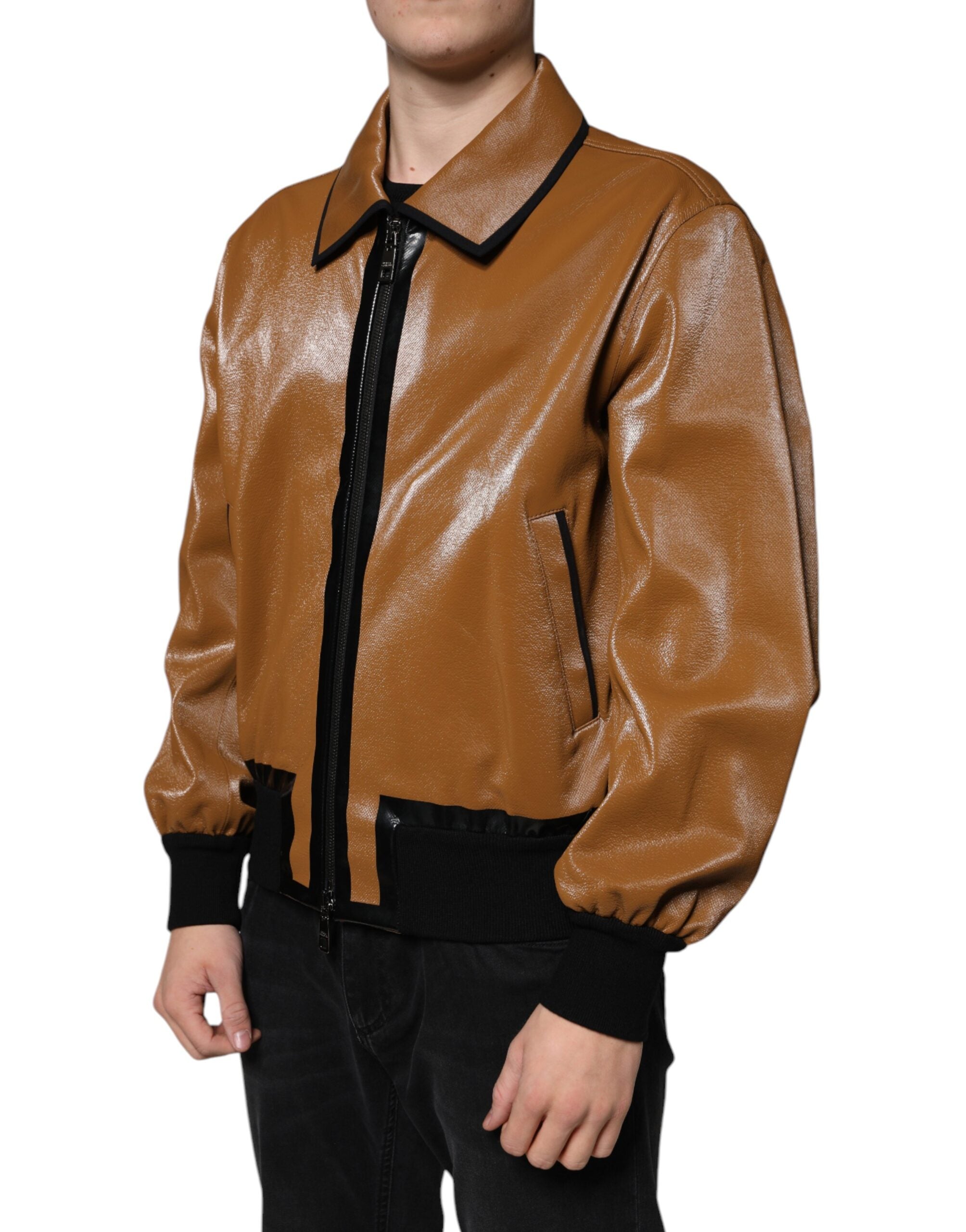 Dolce & Gabbana Brown Leather Full Zip Men Bomber Men's Jacket