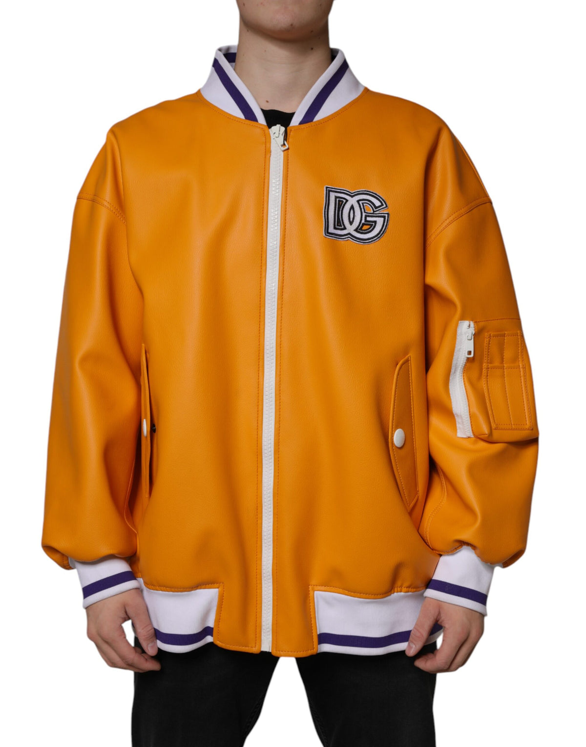 Dolce & Gabbana Orange White Full Zip Jersey Bomber Men's Jacket
