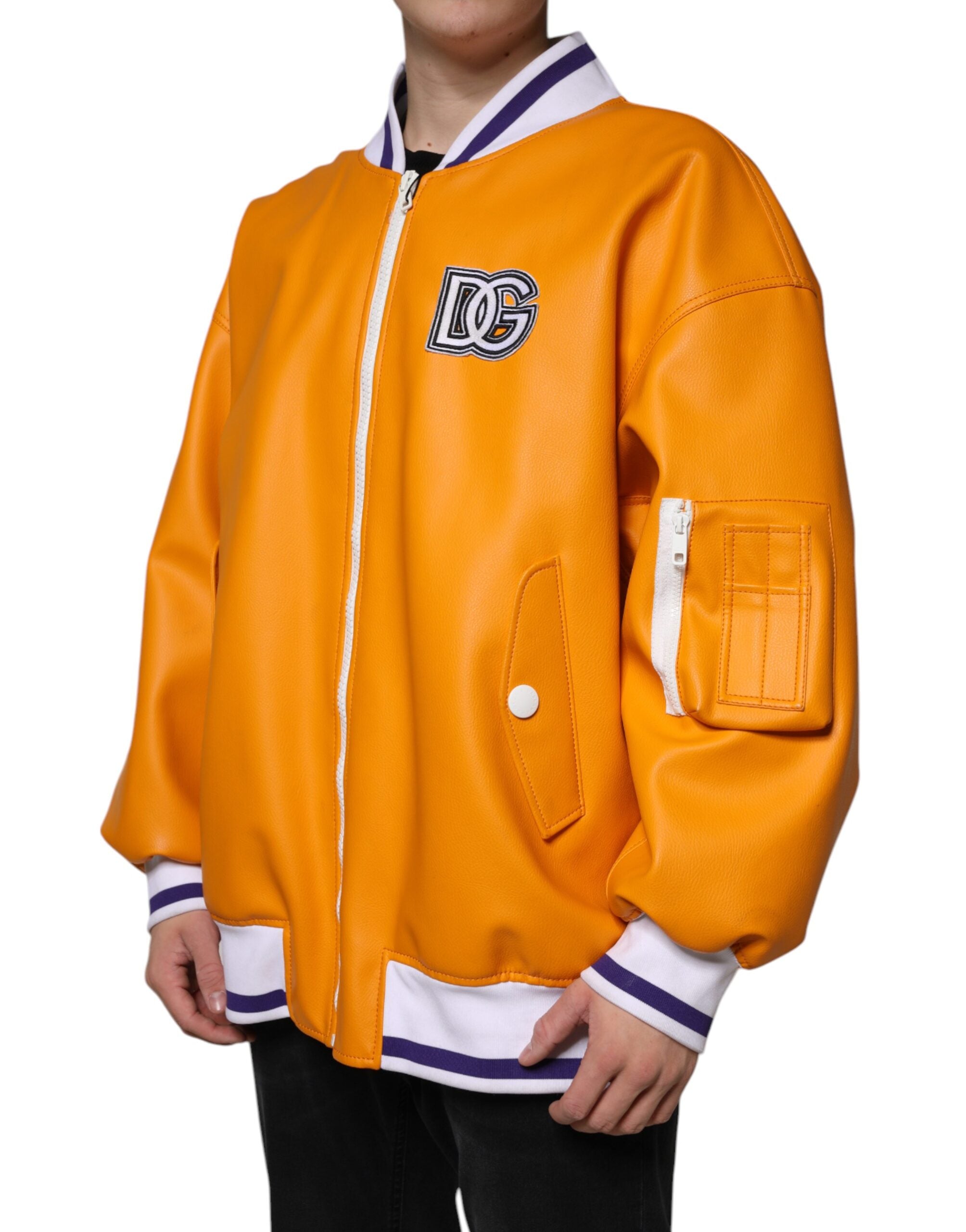 Dolce & Gabbana Orange White Full Zip Jersey Bomber Men's Jacket