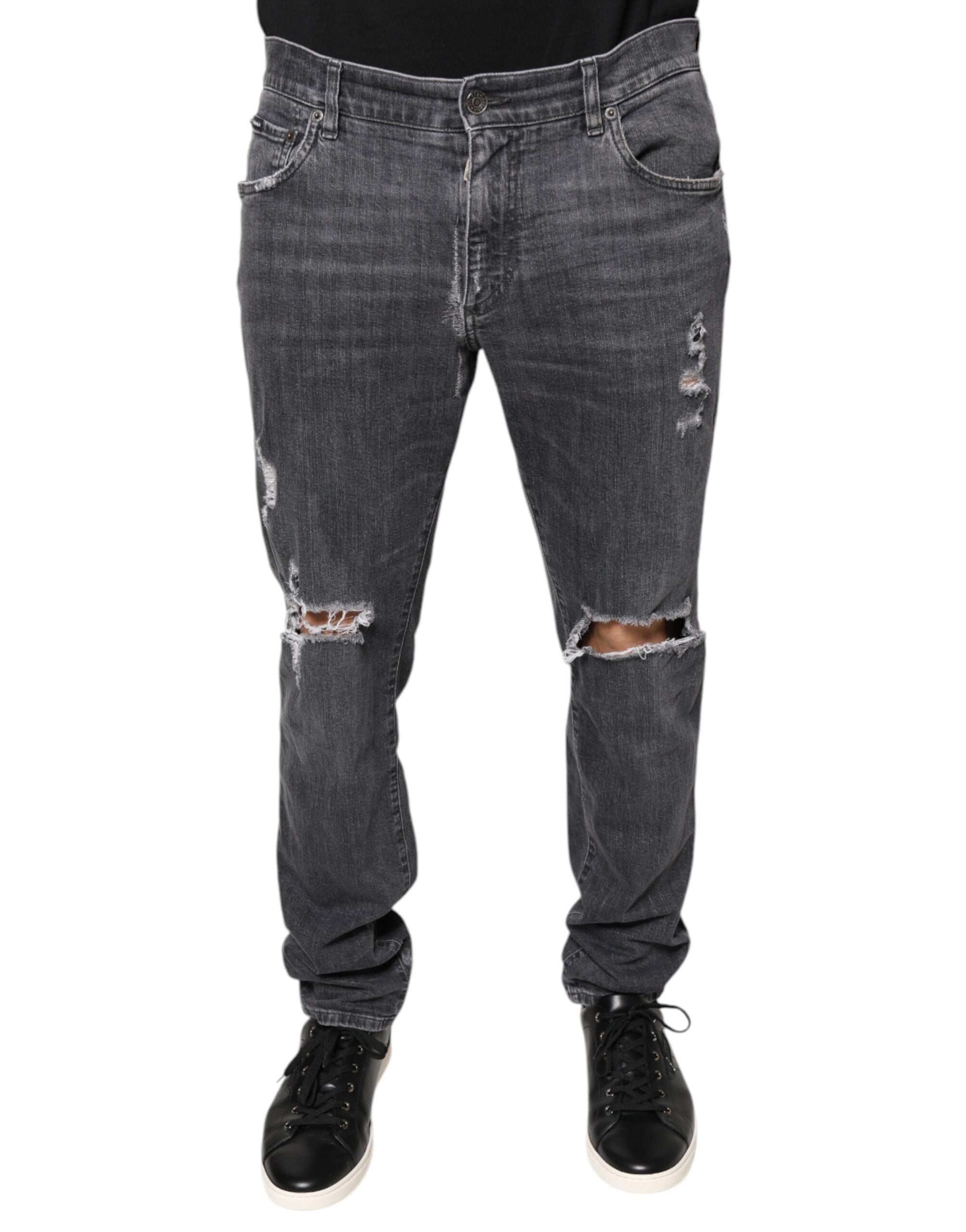 Dolce & Gabbana Dark Gray Tattered Cotton Skinny Denim Men's Jeans (Pre-Owned)