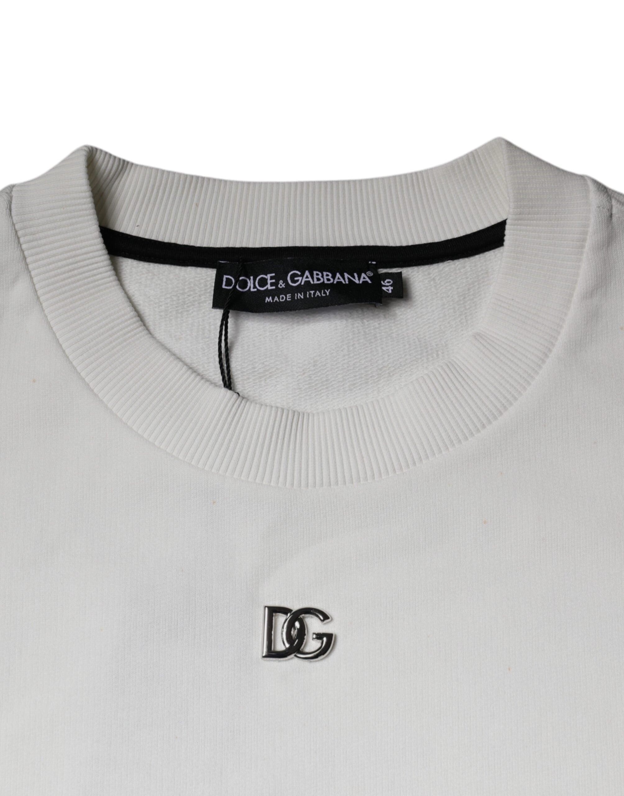 Dolce & Gabbana White Logo Cotton Crew Neck Pullover Men's Sweater (Pre-Owned)