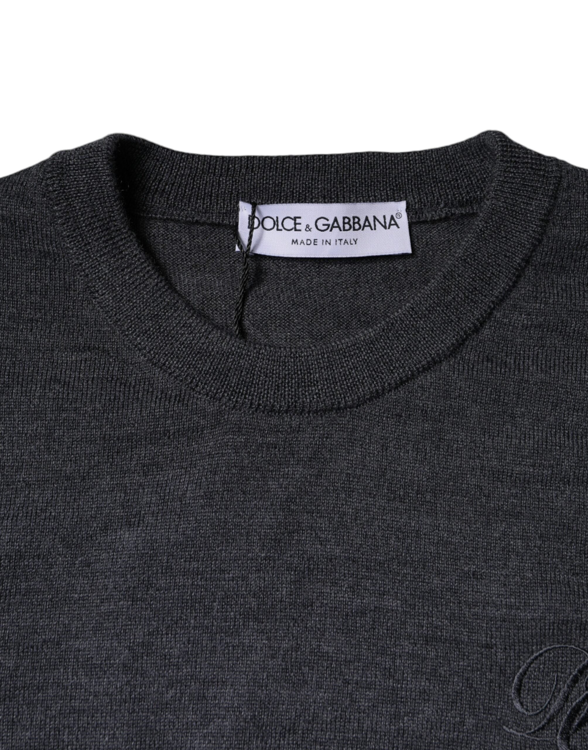 Dolce & Gabbana Dark Gray Wool Crew Neck Pullover Men's Sweater