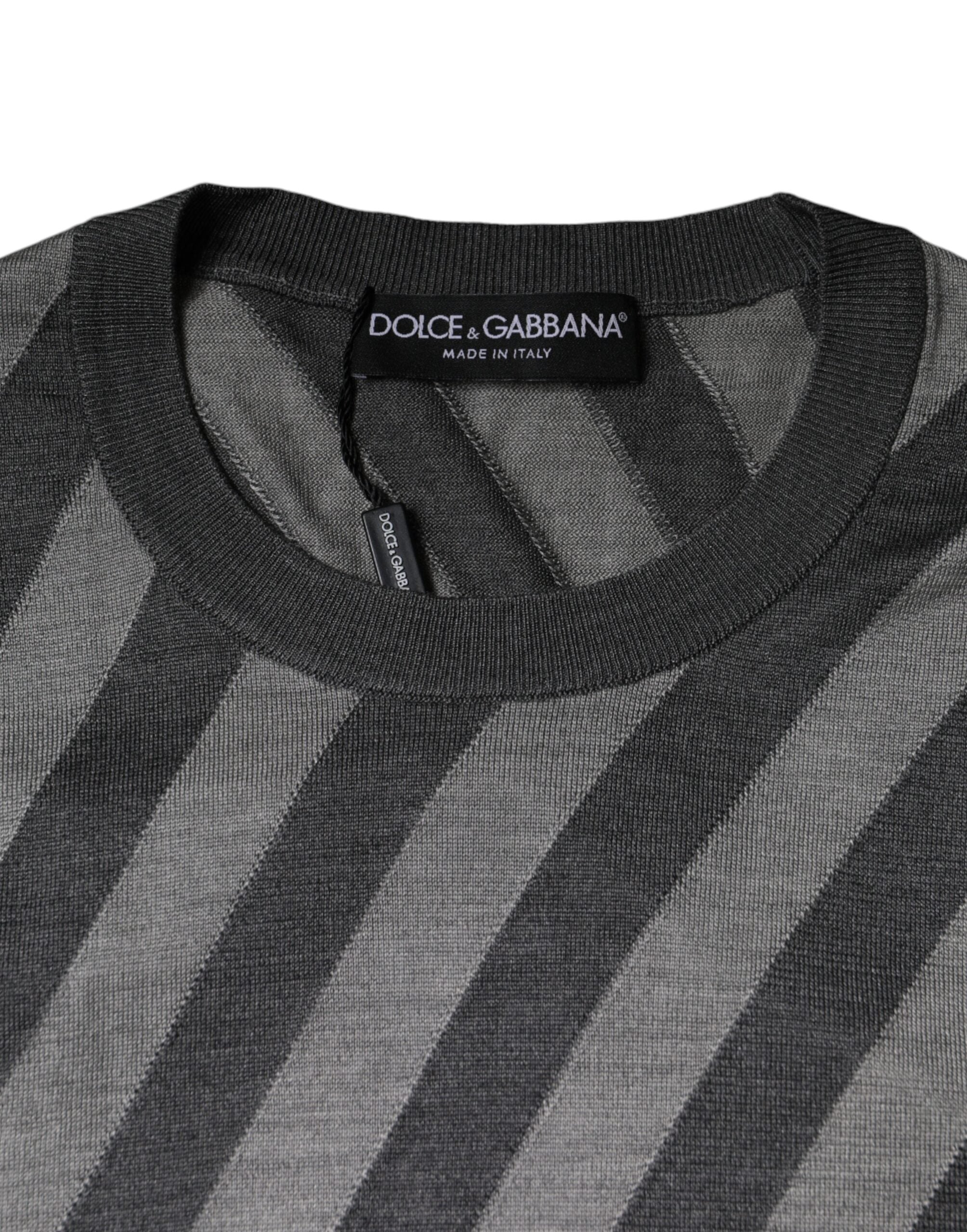 Dolce & Gabbana Gray Stripes Long Sleeve Round Neck Pullover Men's Sweater